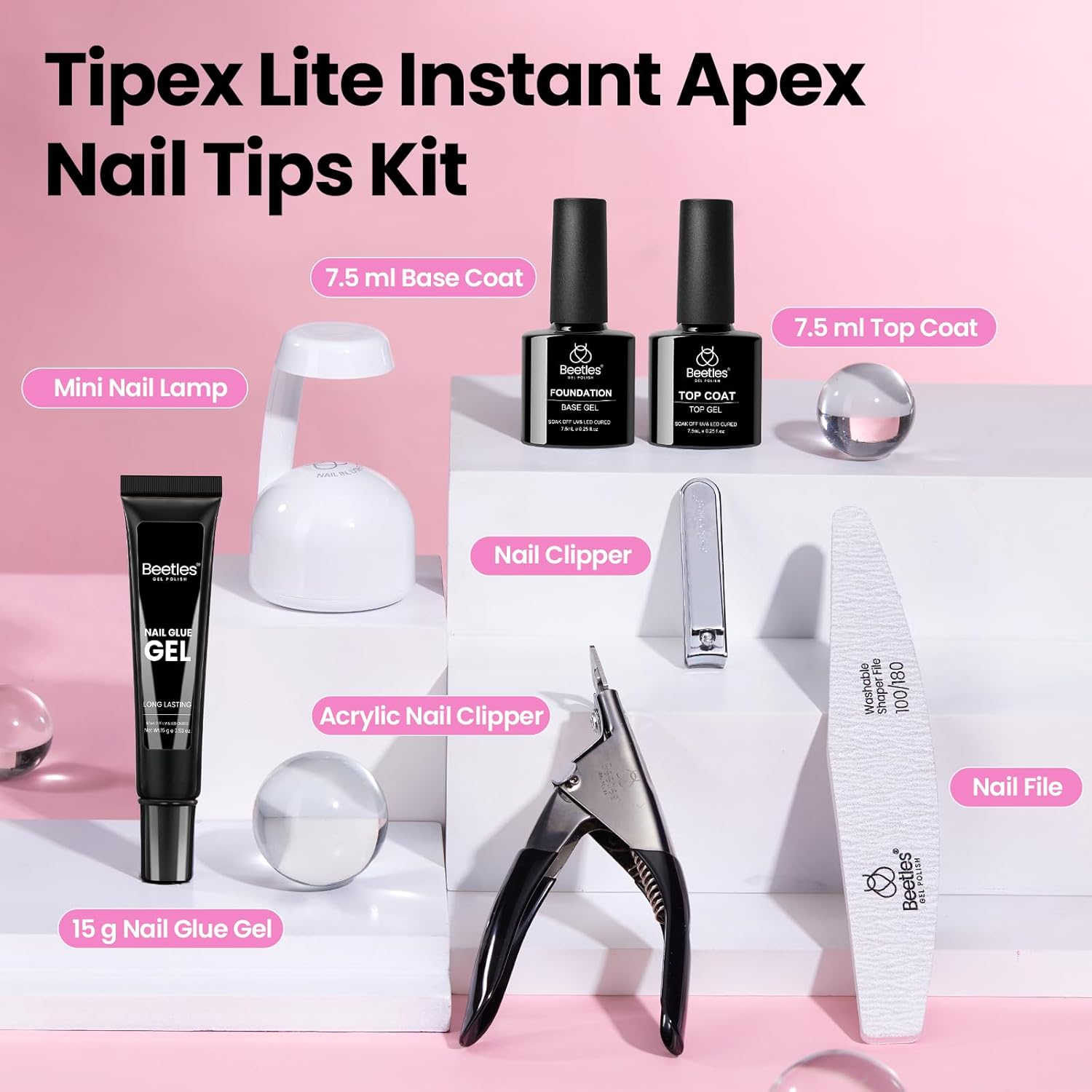 Beetles Tipex Lite Apex Nail Tips Kit, Almond Medium, 192pcs 16 Sizes, with UV Nail Glue, Base & Top Coat, Mini Nail Lamp, Nail Clipper & Cuticle Nipper, Pre-Building Pre-Etched Acrylic Tips Kit