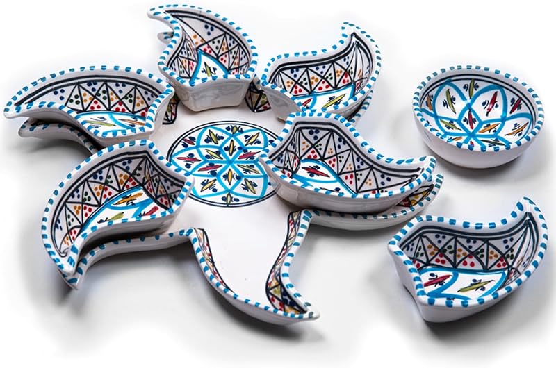 Plato para servir, bandeja, juego de platos para entretenimiento, platos para servir aperitivos en forma de estrella de cerámica pintada a mano, plato para celebraciones, fiestas y eventos para comida, salsa (grande, turquesa bohemia)