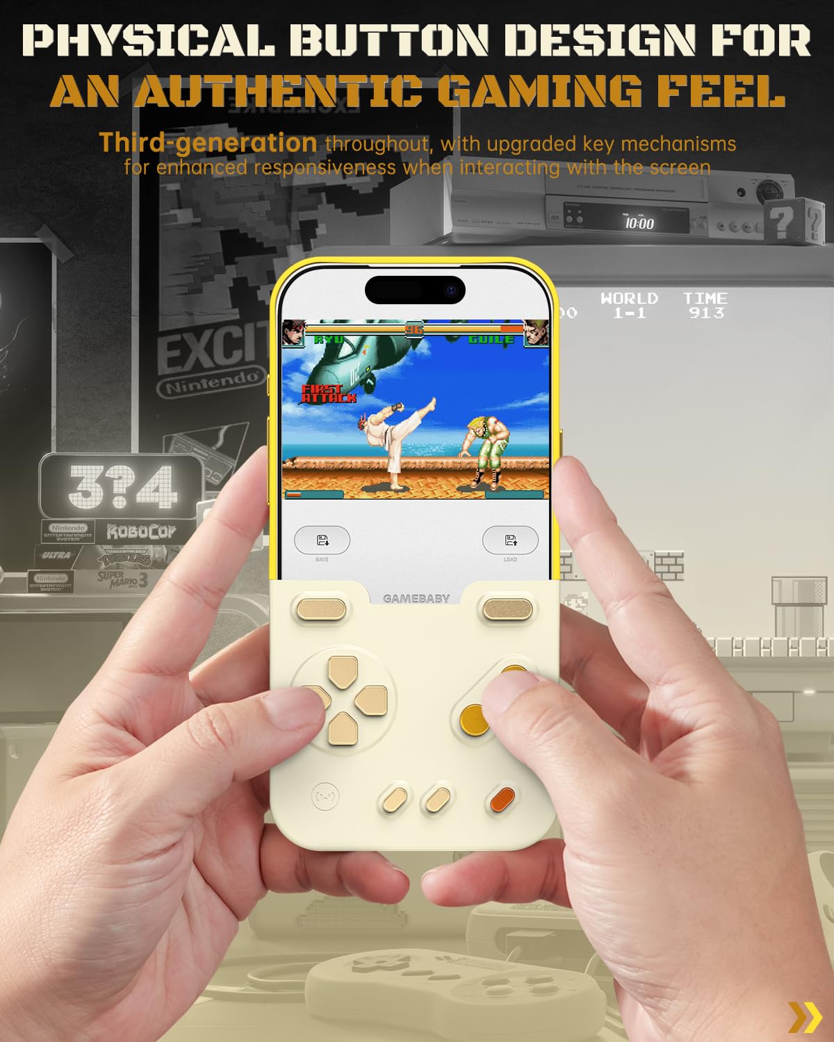 Gamebaby etui na telefon iPhone 17 Pro Max, innowacyjne etui na kontroler gier, etui na telefon komórkowy iPhone 17 Pro Max, do GBA, GBC, NES Handheld w stylu retro, żółte