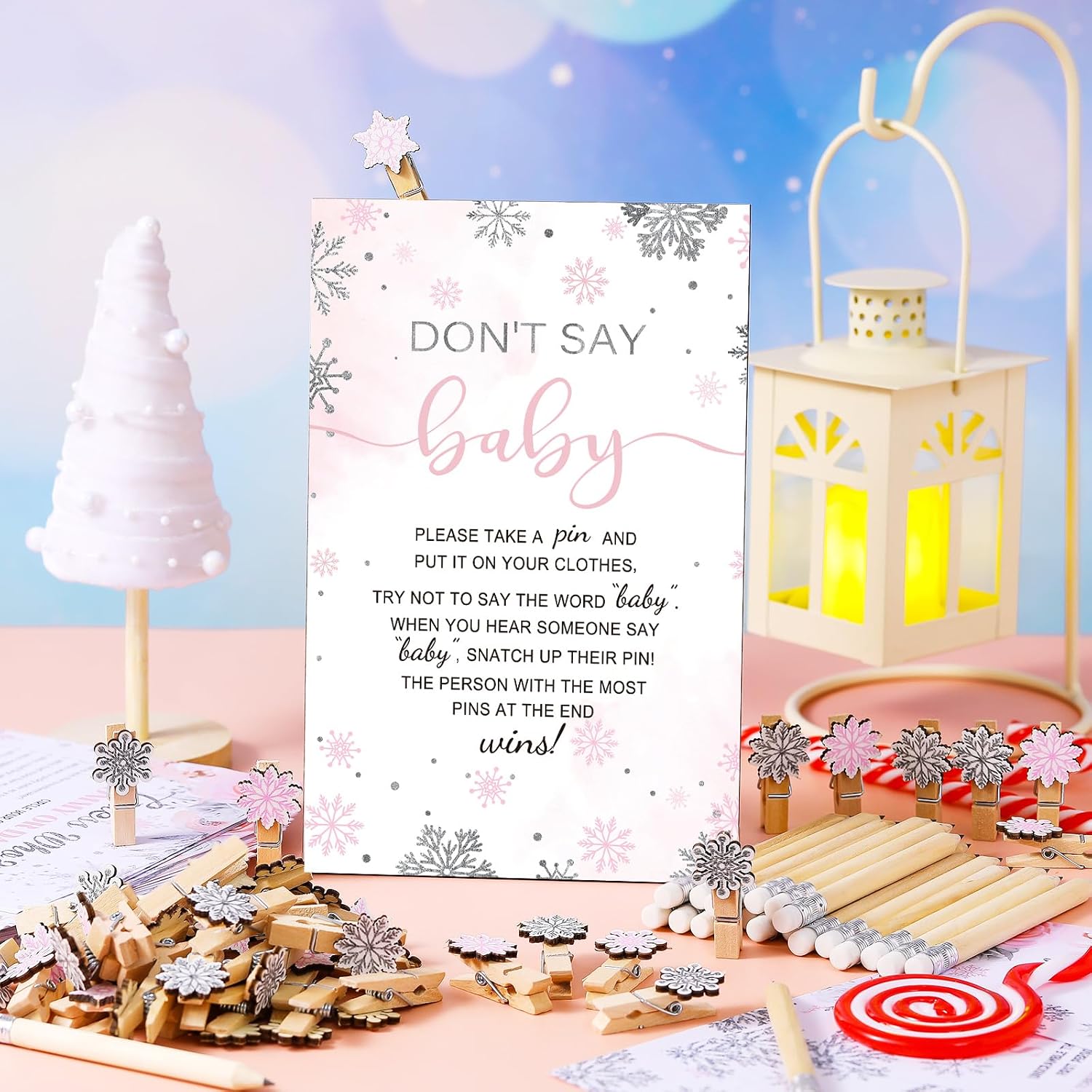Patelai 321 Pcs a Little Snowflake is on The Way Baby Shower Games Pink Snowflake It's Cold Outside Baby Shower Games Don't Say for Girl Winter Bingo Gender Reveal Party Home Decor Supplies