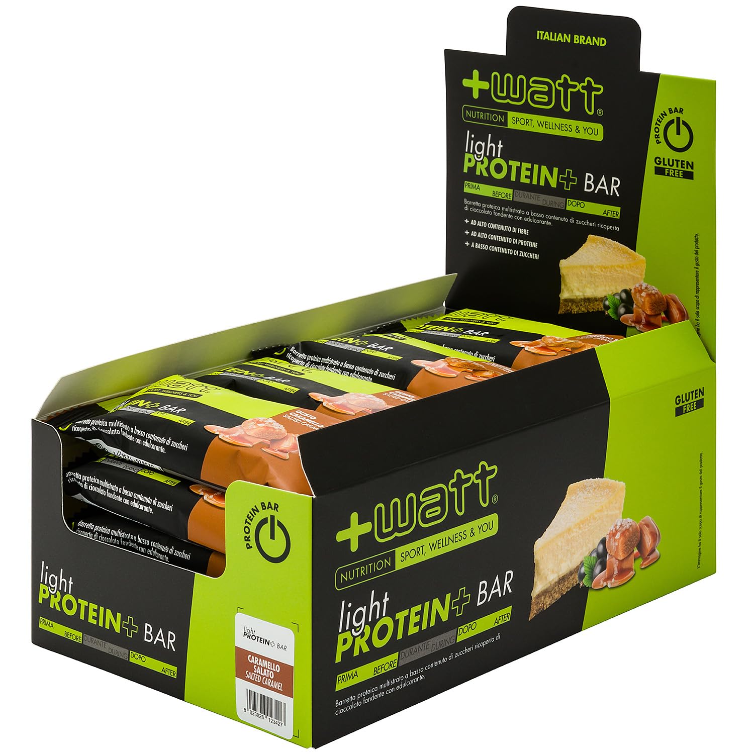 Light Protein+ Bar 45 gx24 pz, Barretta Proteica Multistrato a Basso Contenuto di Zuccheri Ricoperta con Strato di Cioccolato Fondente (Caramello Salato, Box 24 pz)