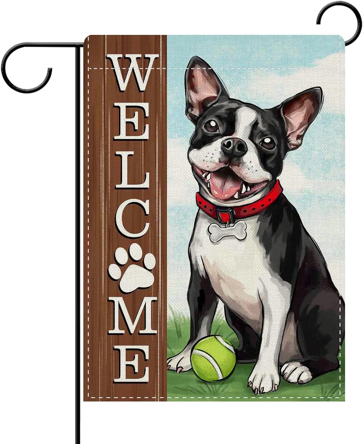 Dyrenson Welcome Boston Terrier Dog Decorative Garden Flag, Spring Summer Paw Prints Tennis Yard Outside Home Decorations Pet Lover Gift, Farmhouse Burlap Outdoor Small Decor Double Sided 12 x 18
