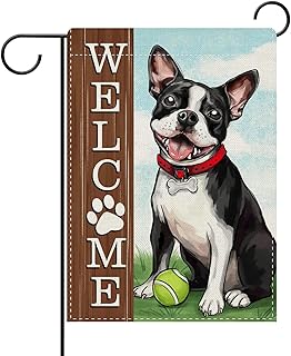 Dyrenson Welcome Boston Terrier Dog Decorative Garden Flag, Spring Summer Paw Prints Tennis Yard Outside Home Decorations Pet Lover Gift, Farmhouse Burlap Outdoor Small Decor Double Sided 12 x 18