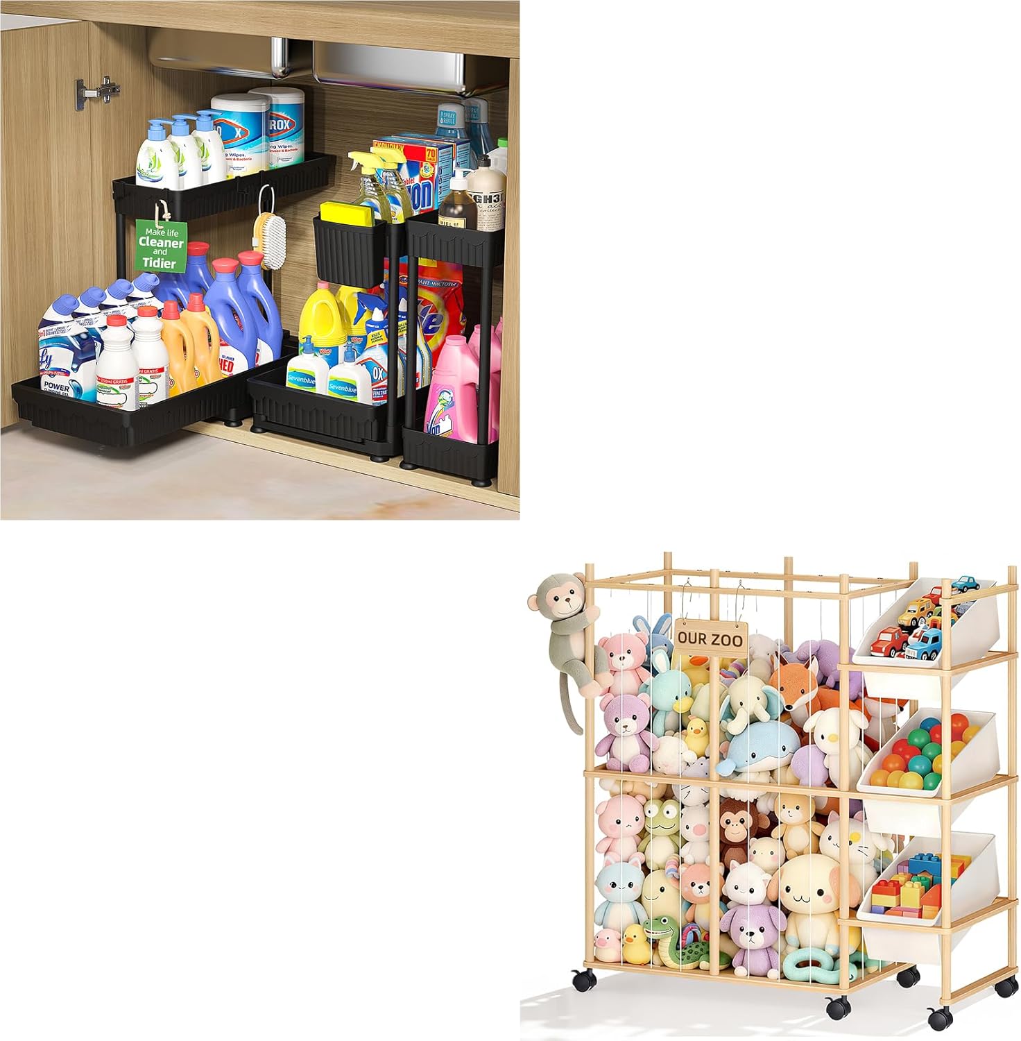 3 Pack Multi-Purpose Pull-Out Storage Organizers, Stuffed Animal Storage with 3 Removable Bins