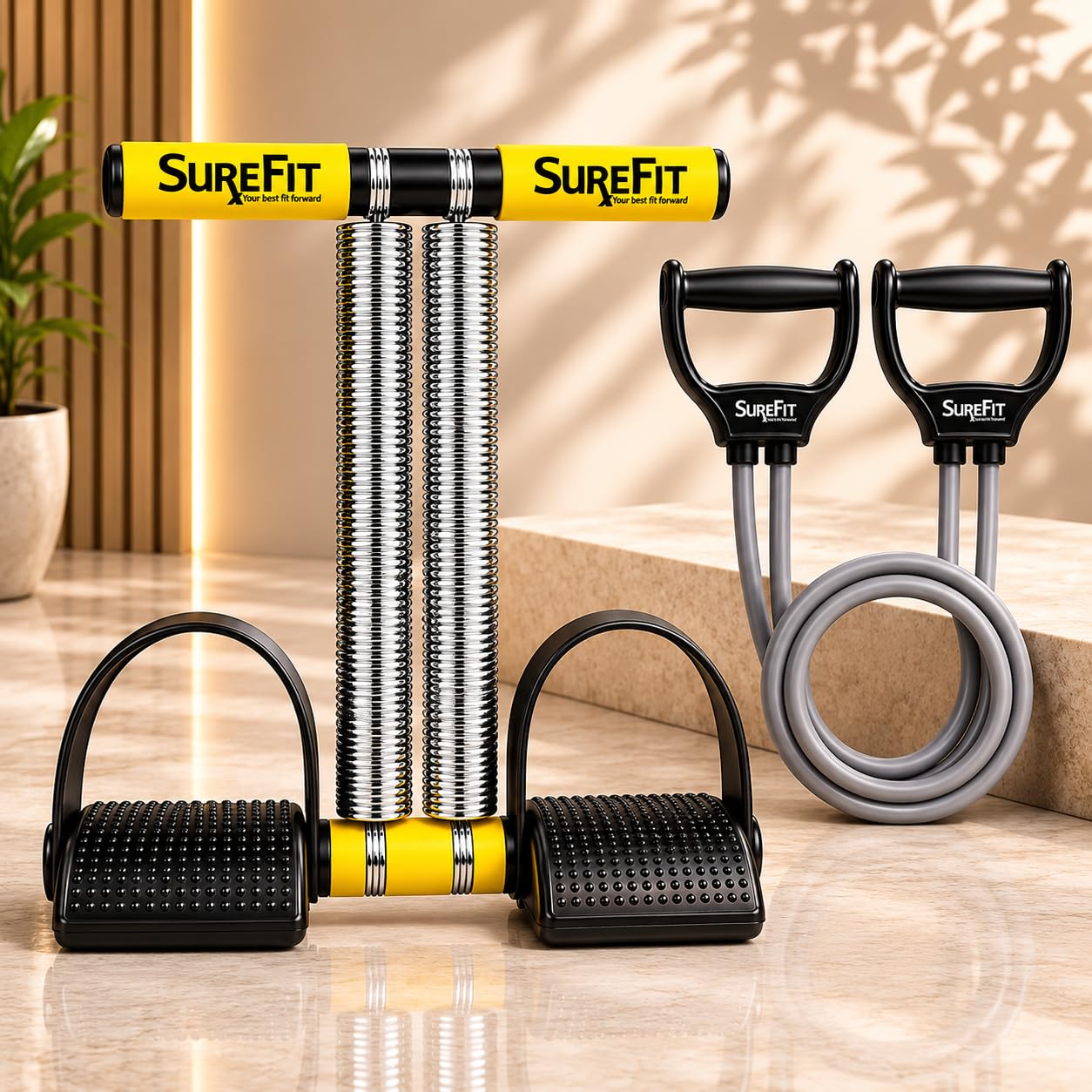 SUREFIT Tummy Trimmer Double Spring With Resistance Band Combo Pack For Men & Women - Ab Exercise Equipment, Abdominal Workout For Home & Gym Use (YELLOW)-image-17