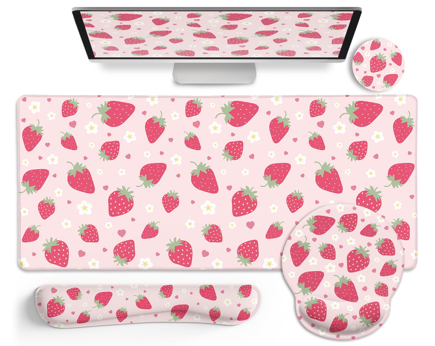 LIMKRIAN Strawberry Mouse Pad Desk Mat Set, Pink Ergonomic Mouse Pad with Wrist Rest, Large Gaming Mousepad Wrist Support Keyboard Mat Cup Coaster Set, Cute Office Desk Decor Accessories Supplies