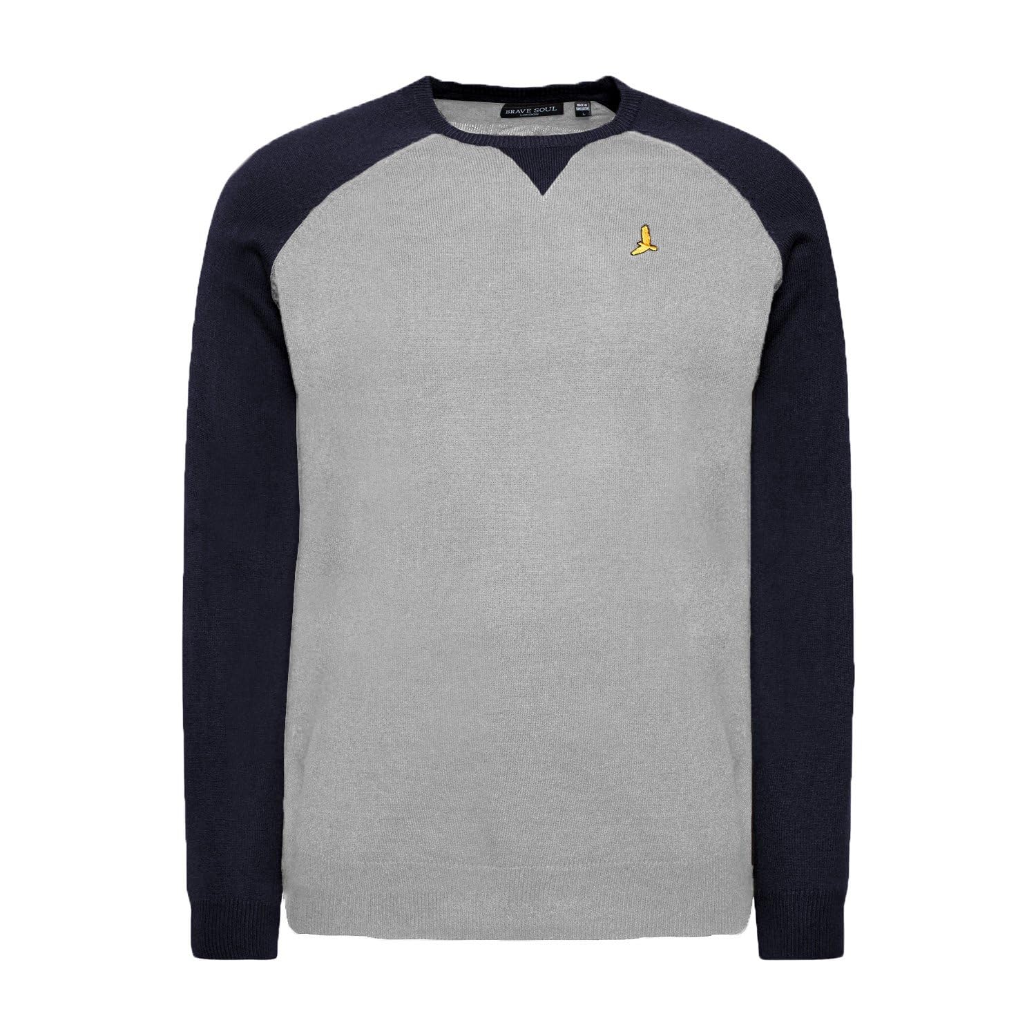 Brave Soul Men's Silver Grey Marl/Midnight Navy Higgs Contrast Raglan Sleeves Knitted Jumper-Midnight-Large