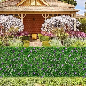 Expanding Garden Trellis Panels, 200x40cm Expandable Garden Fence Screening with Artificial Ivy and Violet Flower,Decorative Faux Ivy Leaf Privacy Screen Greenery Backdrop for Backyard (Purple, 1 PCS)