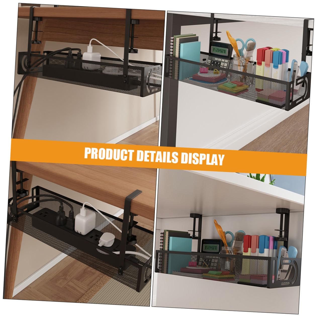 Organizador de Cables bajo Escritorio Metálico Negro Bandeja para Gestión y Almacenamiento de Cables Cesta para Ocultar Regletas y Enchufes Tamaño Grande 40X13X7 CM Adecuado