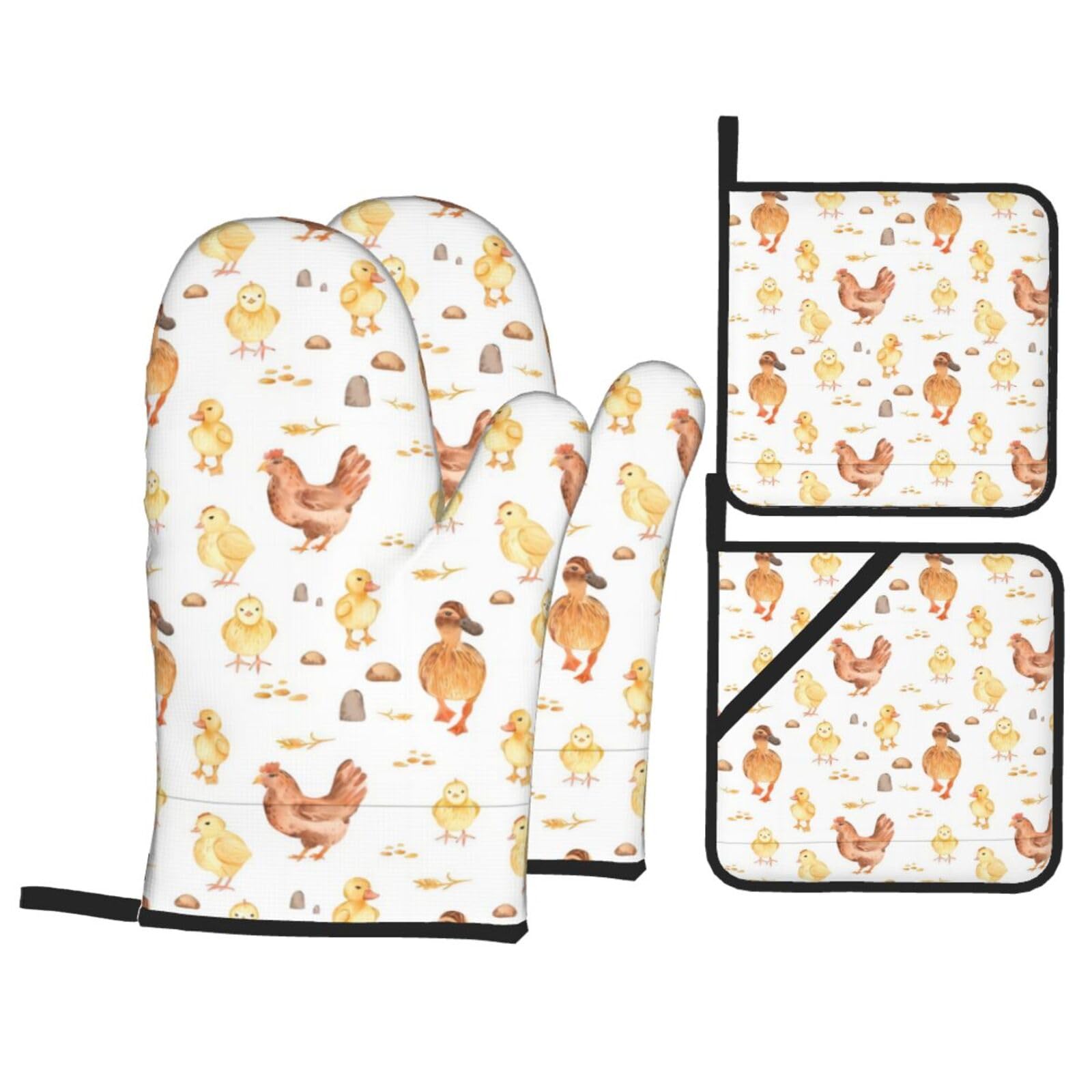 HJFCZH Chicken duck Prints Kitchen Covers: Waterproof Oven Layers for Safe Cooking & Easy Cleanup - 4 Piece Heat Protection Set