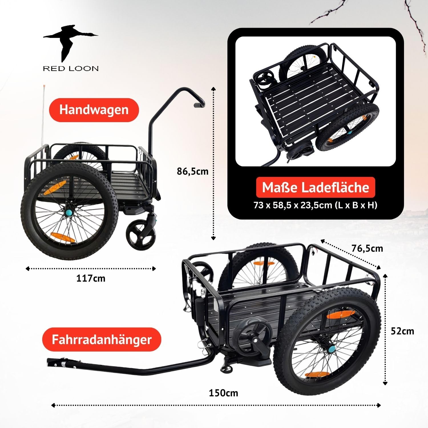Rimorchio per bicicletta 2 in 1 – Red Loon in alluminio BAC502 – 100 litri – pneumatici extra larghi da 20" – max. 60 kg – Rimorchio per biciclette da 26 – 28" – Carrello a mano