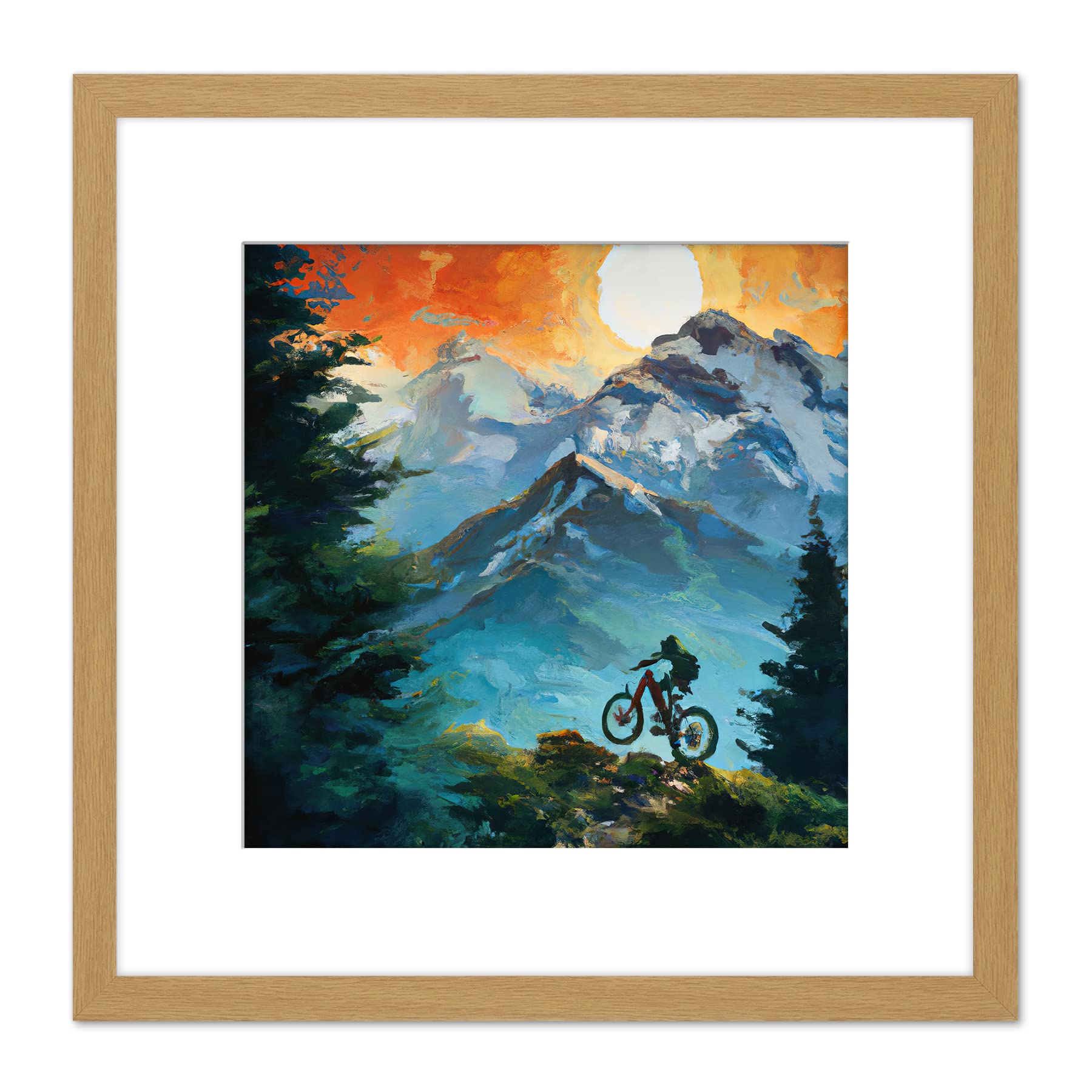 Artery8 Mountain Biker Cycle Forest Path Landscape at Sunset Oil Paint Square Wooden Framed Wall Art Print Picture 8X8 Inch