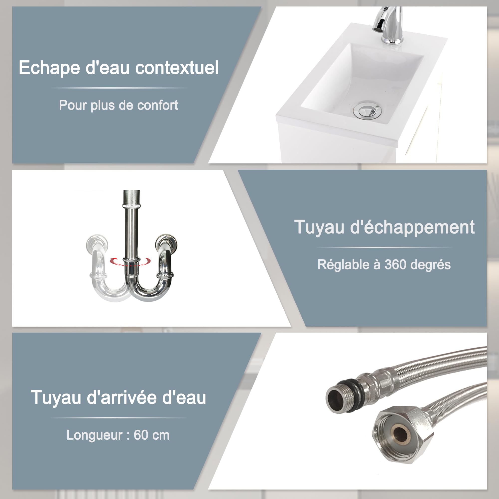 UEV Meuble de Salle de Bain Mural 41cm, Meuble de Lavabo Suspendu Blanc avec Rangement, Lavabo en Résine, Robinet Chromé, 41 x 25 x 50 cm, Blanc