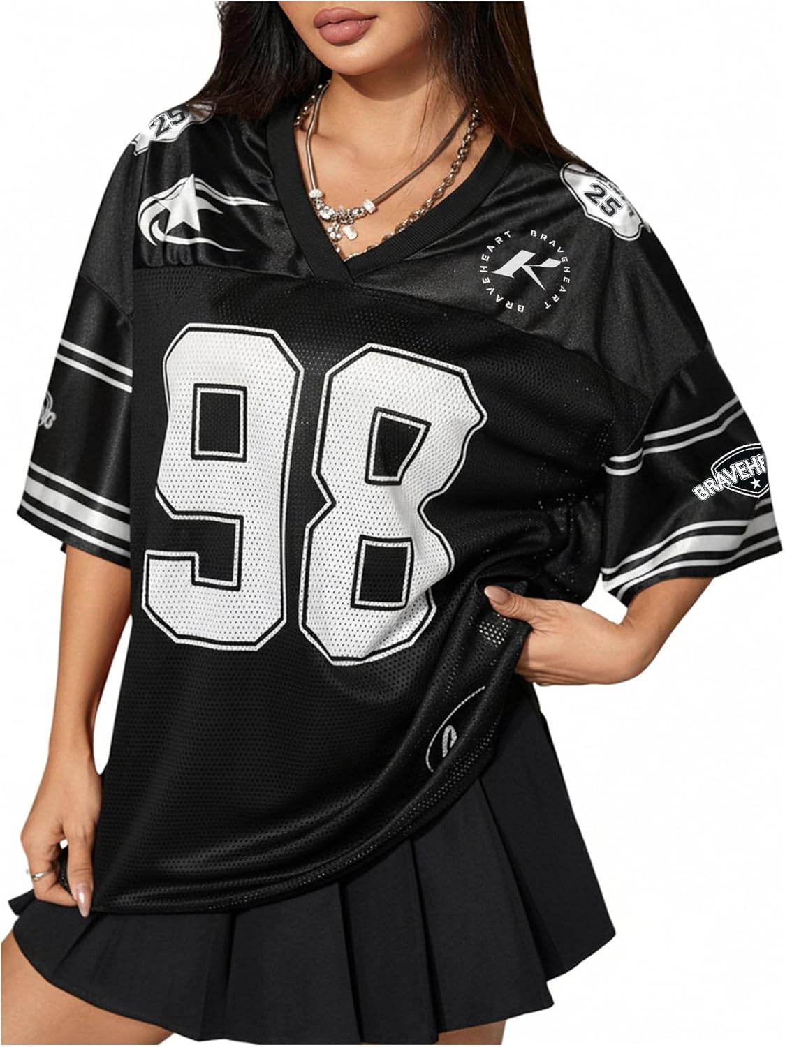 Milumia Women's Number Graphic V Neck Short Sleeve Mesh Jersey T Shirt Y2k Drop Shoulder Oversize Tee Tops