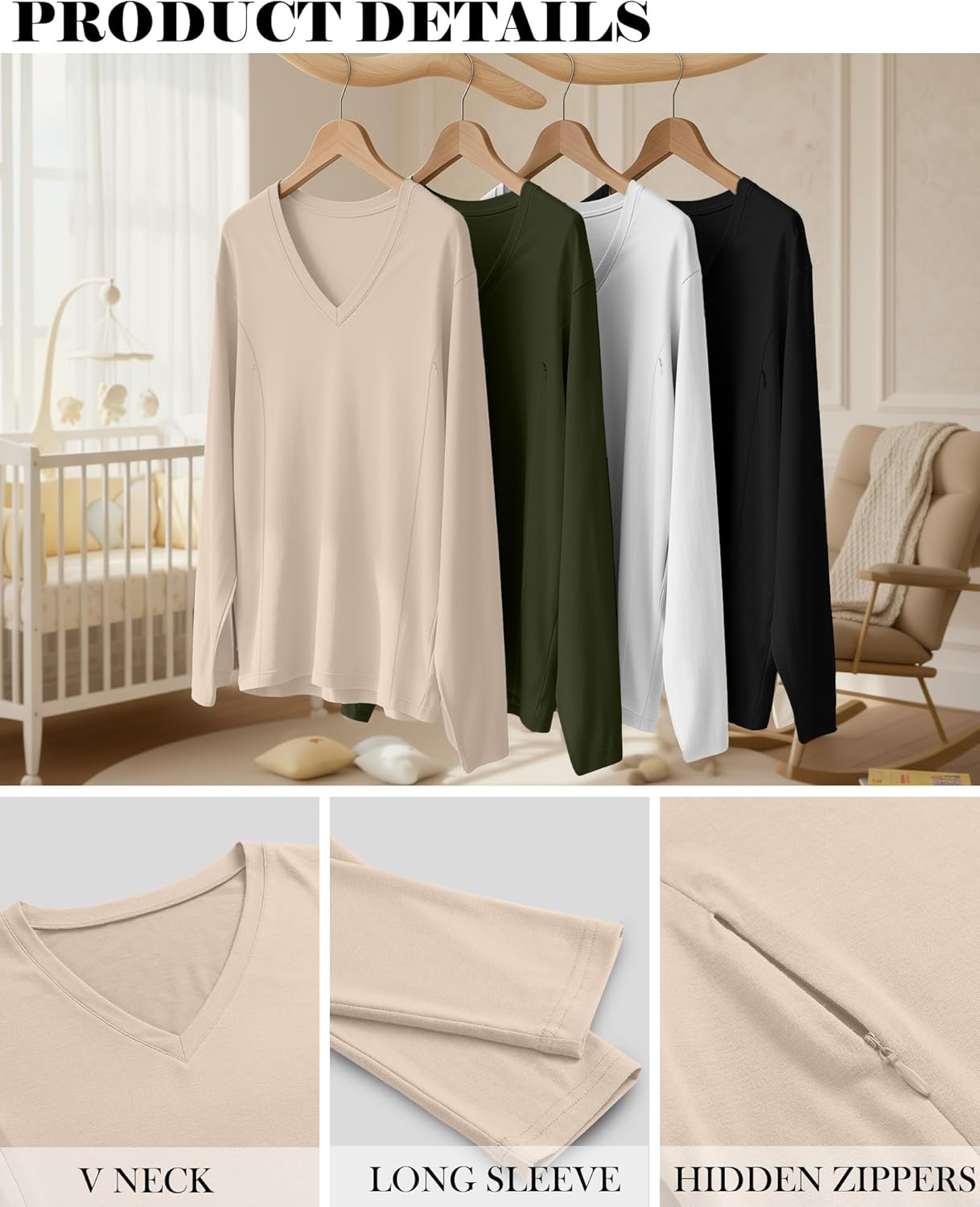 4 Pack Women's Long Sleeve Nursing Shirts with Hidden Zipper V Neck Breastfeeding Clothes Maternity Loose Fit Tops - Image 5