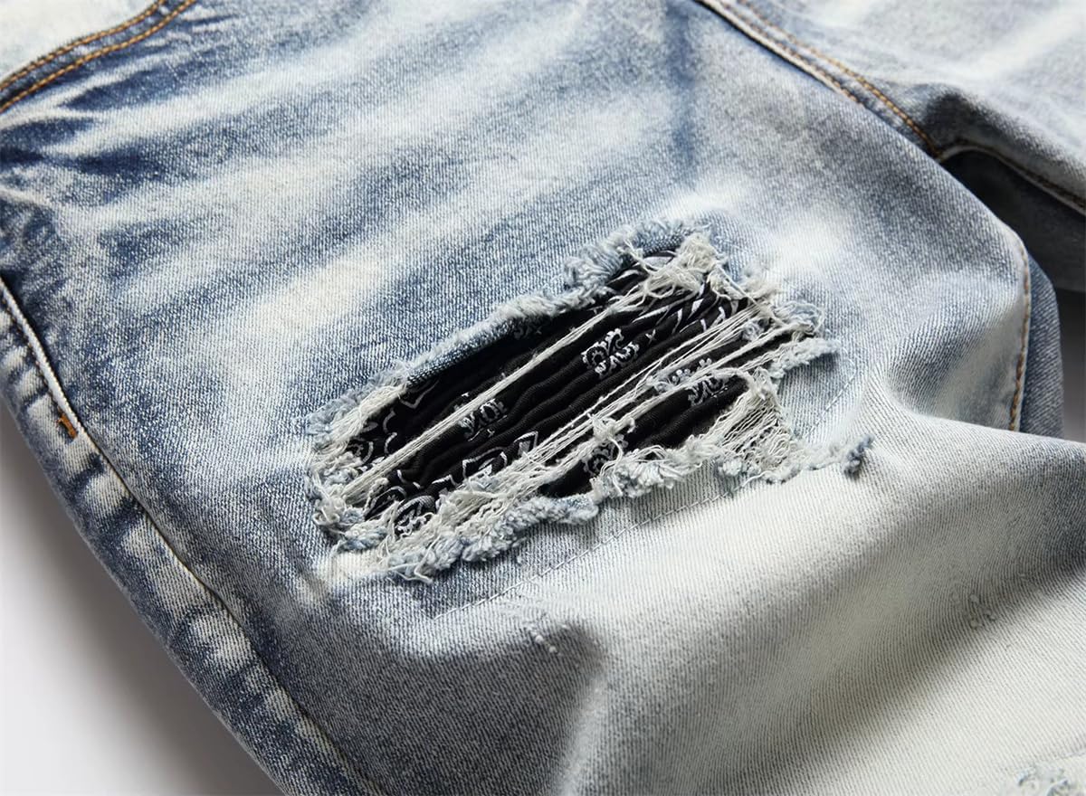 Men's Straight Leg Ripped Distressed Holes Classic Denim Patches Jeans