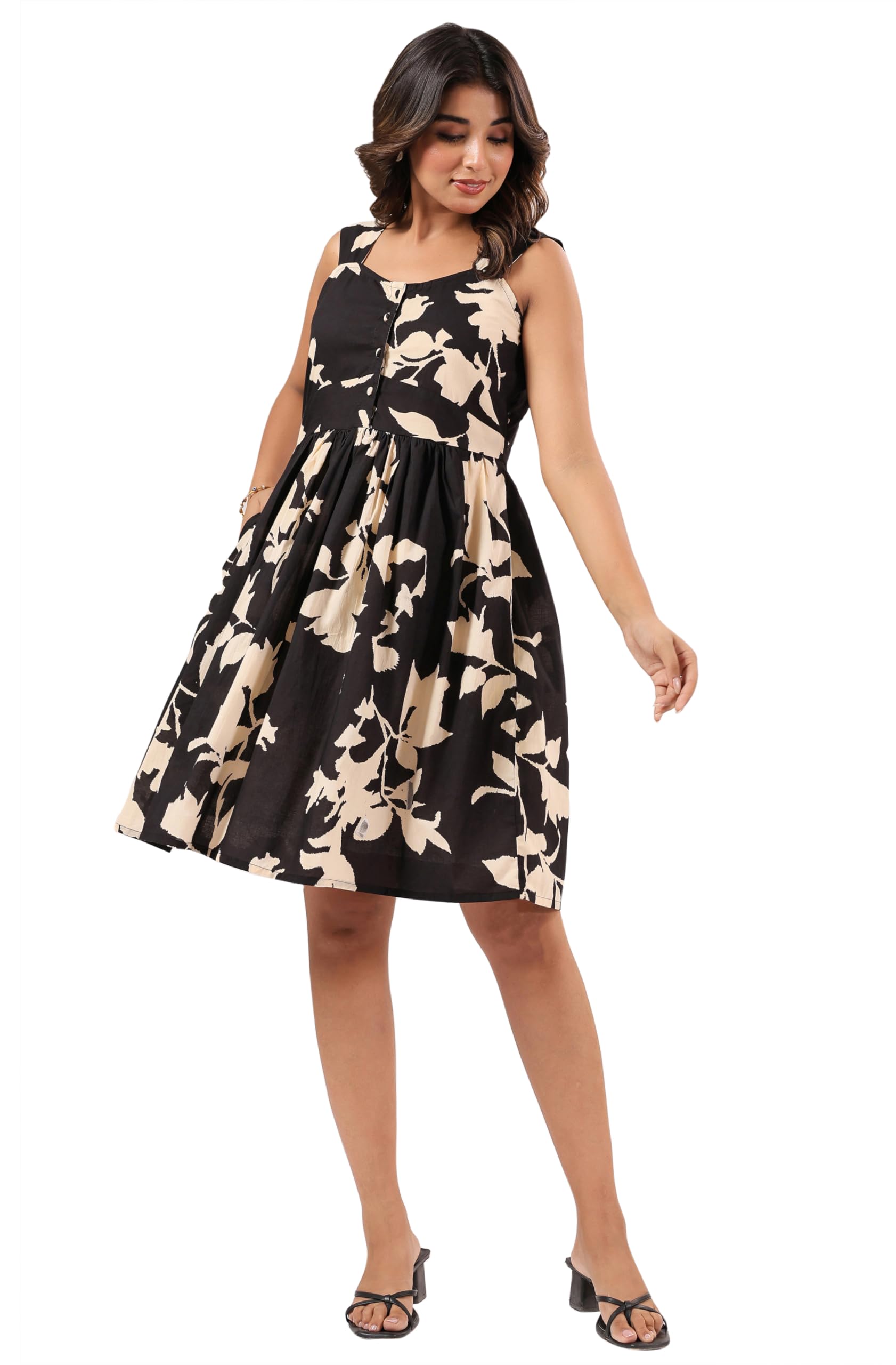 Women's Black & Cream Pure Cotton Floral Printed Fit & Flare Dress-image-48