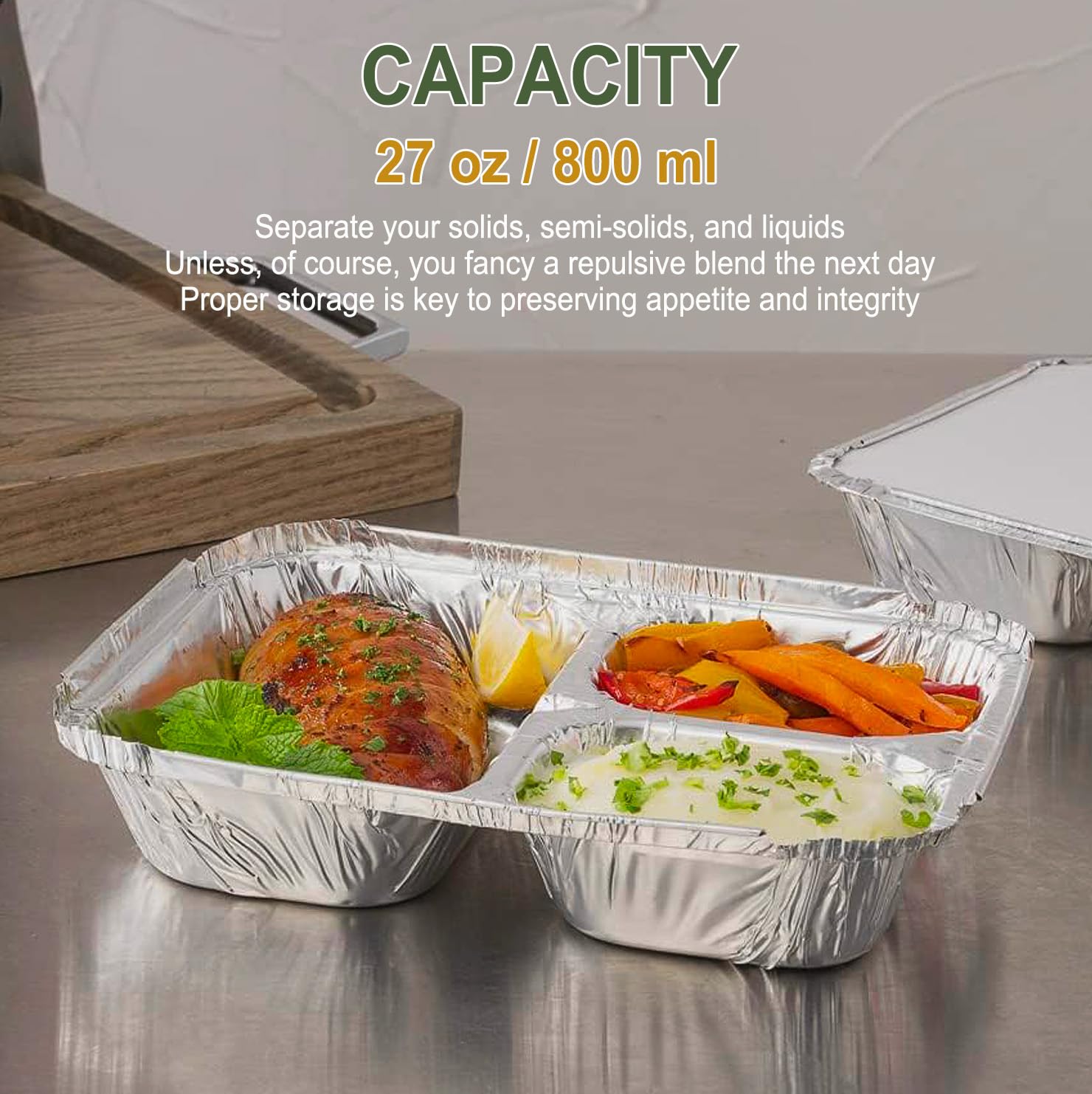3 Compartment Aluminum Foil Takeout Trays with Paper Lids, 50 Pack – Disposable Divided Meal Prep Containers for Full Meals, Portion Control & Takeout, 820ml / 28oz, 8” × 6” × 1.5”