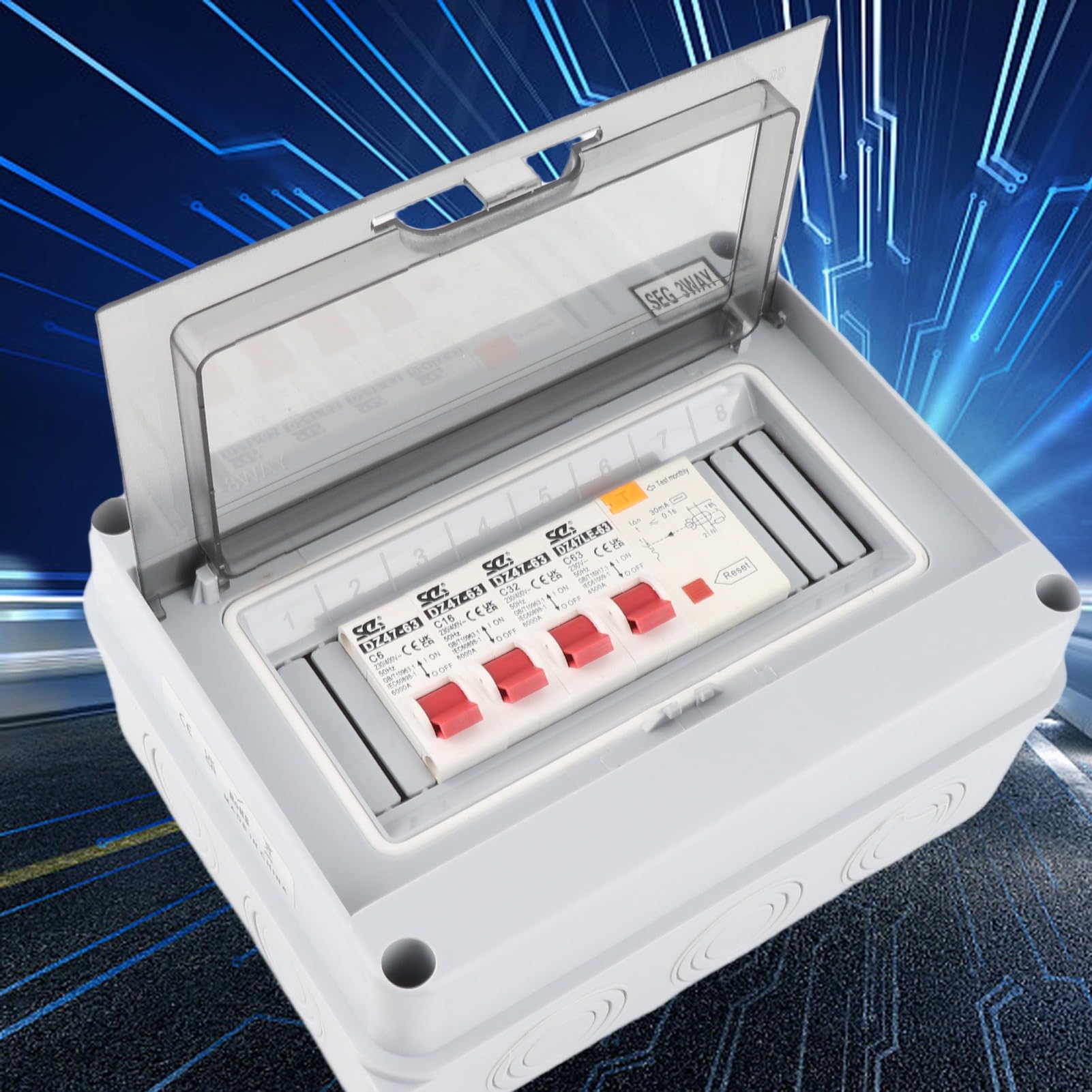 Unidad de Consumidor de Caravana de Garaje de 3 Vías, 63A 30mA RCD + 3MCB (6A+16A+32A) Caja de Fusibles de Alta Capacidad de Rotura para Garajes, Caravanas, Talleres, Dependencias