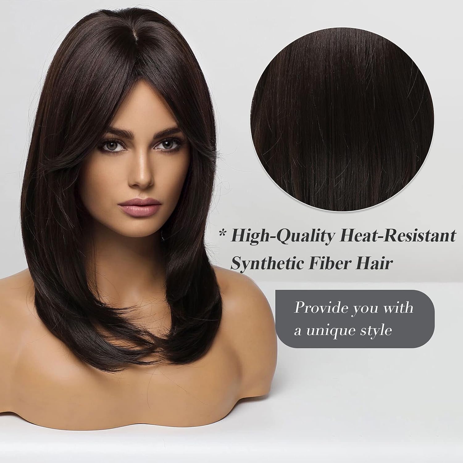 Women Long Brown Wigs with bangs Natural Wavy Wigs Curly Hair Wig Heat Resistant Synthetic Wigs for Women