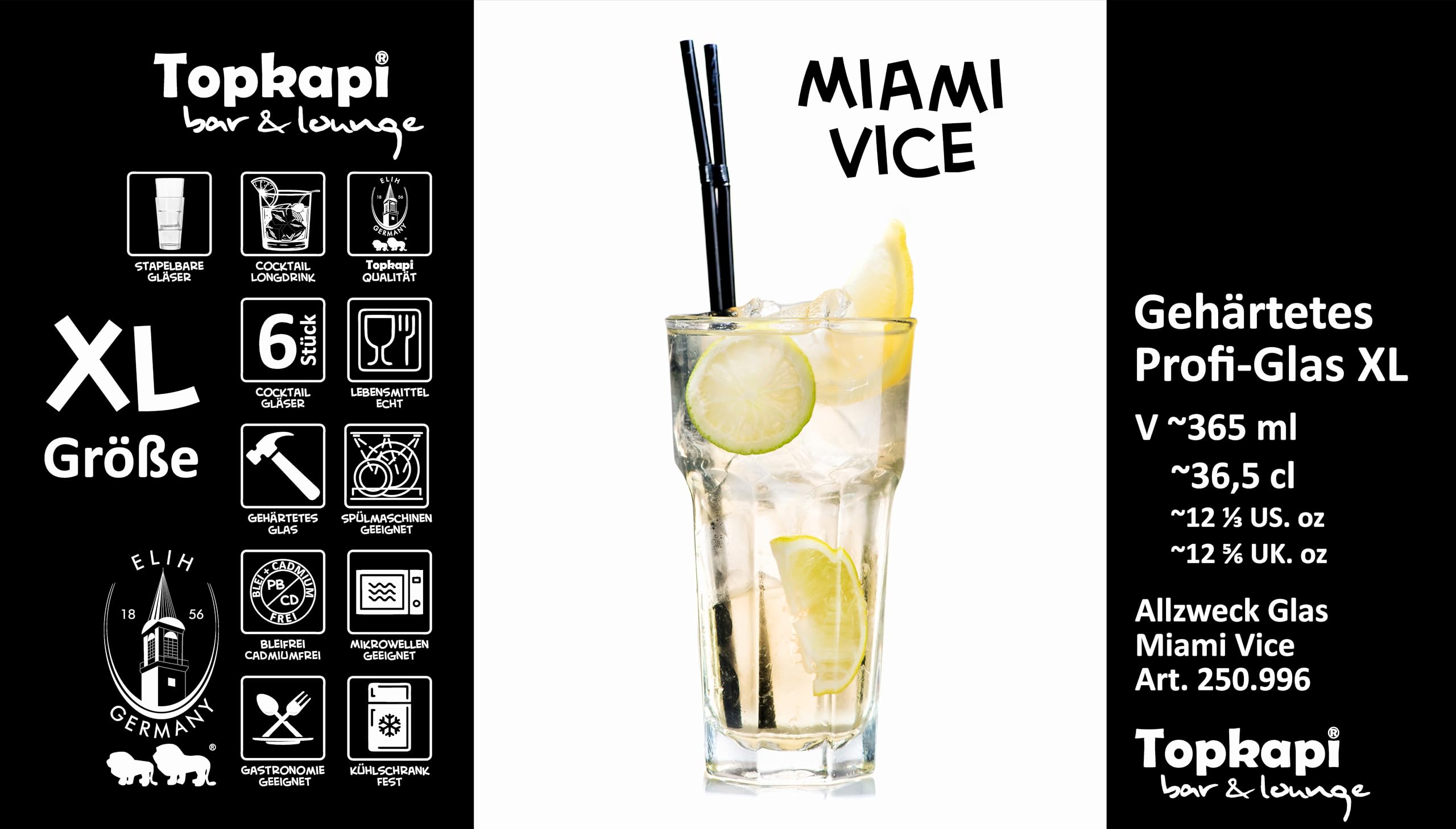 Topkapi 250.996 Longdrink uniwersalne szklanki do picia – 6 sztuk białych i przezroczystych szklanek XL (36 cl) do koktajli, drinków, mojito, soków, wody, wysokość ~ 12 cm