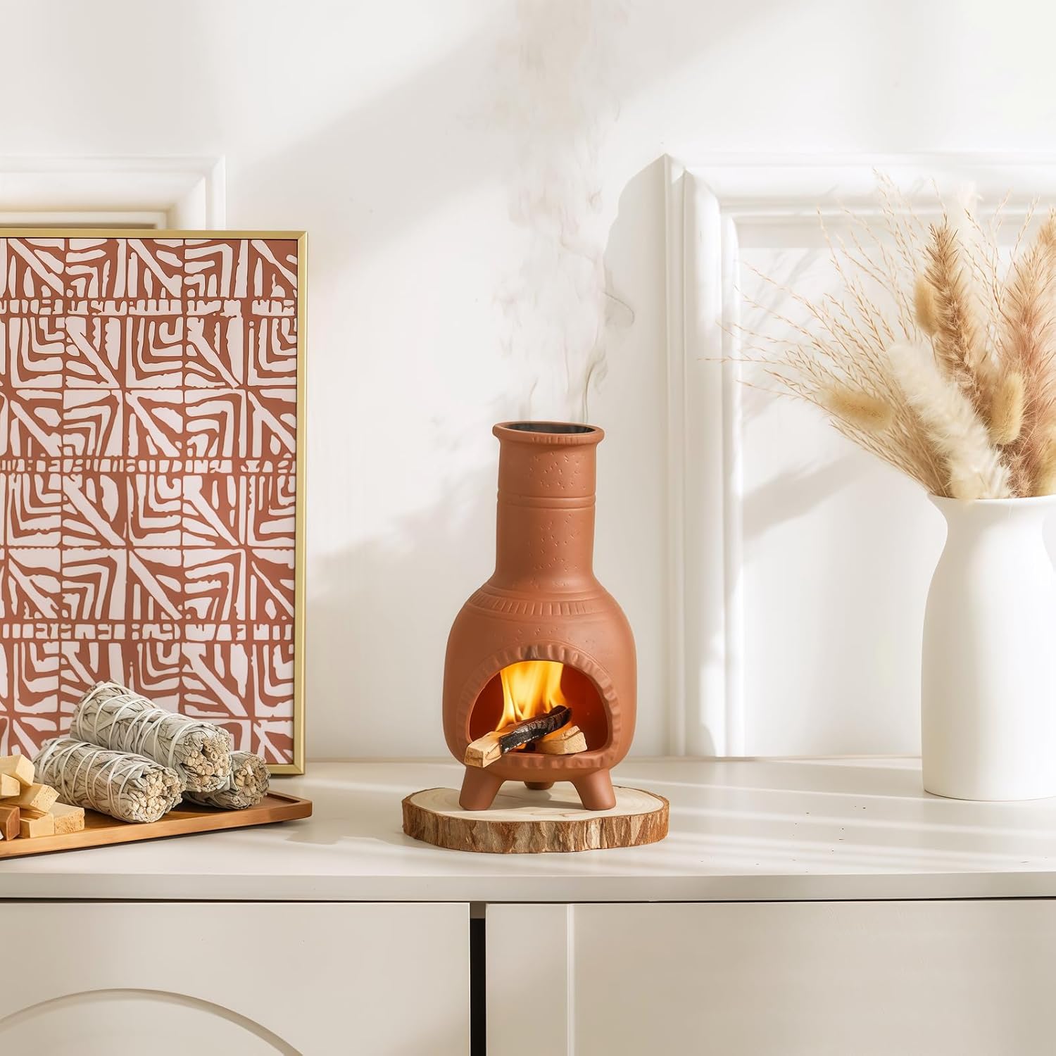 Handmade Terracotta Palo Santo Holder Burner & Sage Holde - Mexican Style Mini Tabletop Chiminea Tray with Ash Catcher, Decorative Incense Holder for Spiritual Meditation & Yoga