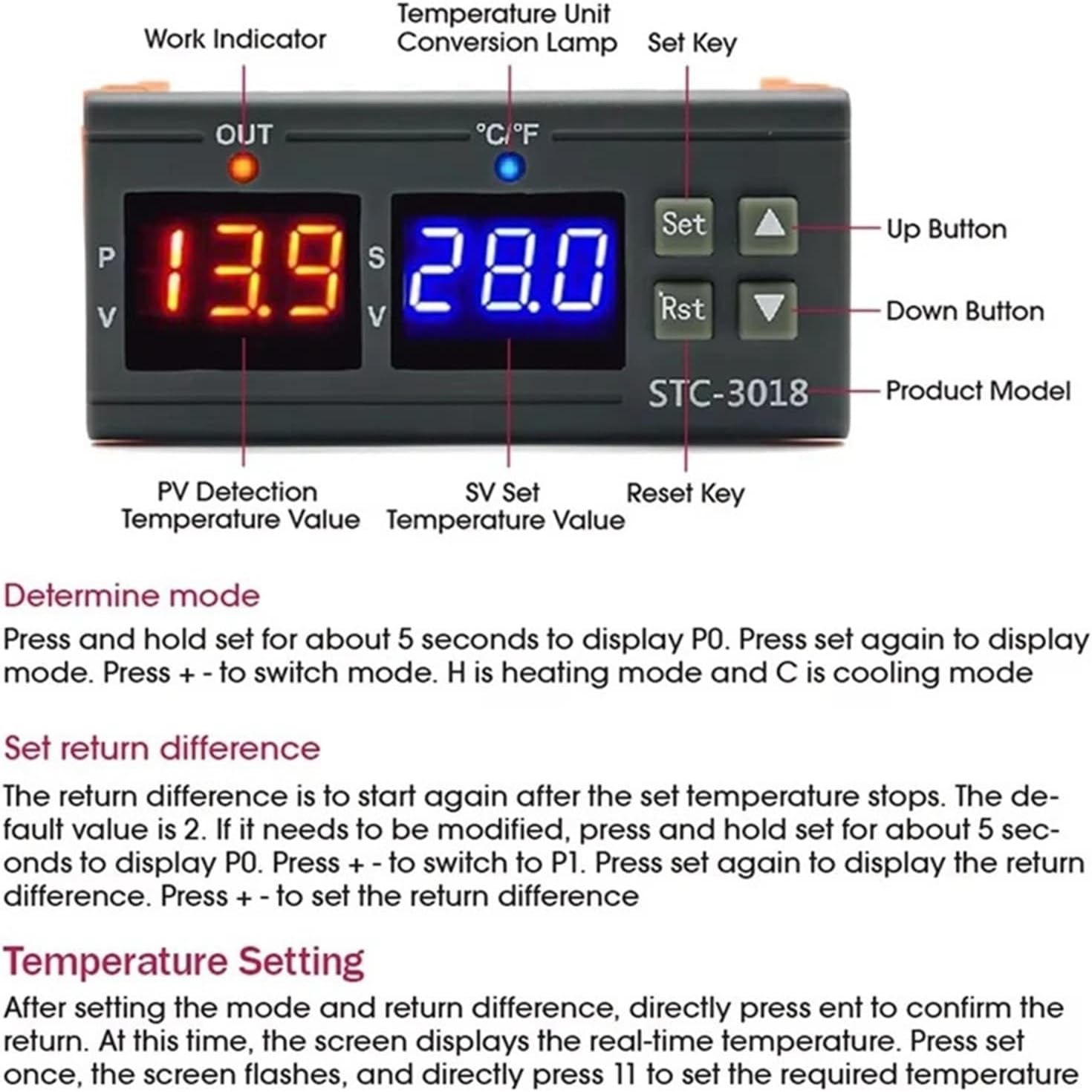 STC-3018 Dual Digital Temperature Controller Two Relay Output Thermoregulator Thermostat with Heater Cooler(As Shown 12V)