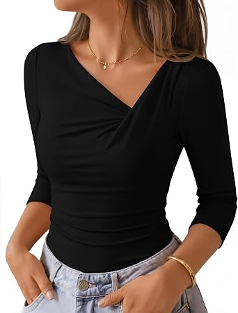 ZESICA Womens 3/4 Sleeve Asymmetrical Fall Shirts Ruched Going Out Tops