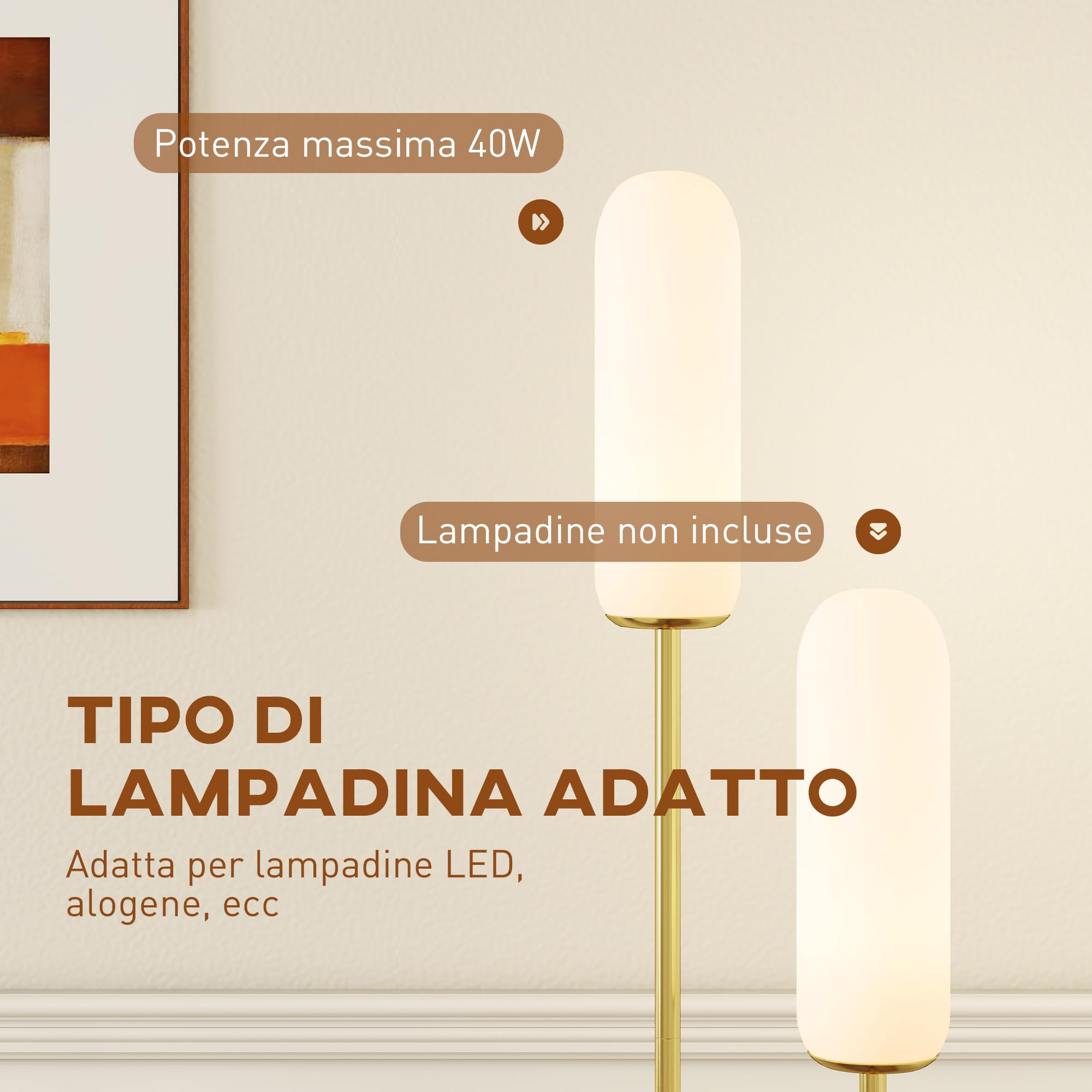 HOMCOM Lampada da Terra a U con 2 Luci e Interruttore a Pedale, Lampada a Piantana in Vetro e Acciaio con Base in Marmo, 26x12x150 cm, Bianco Nero e Oro