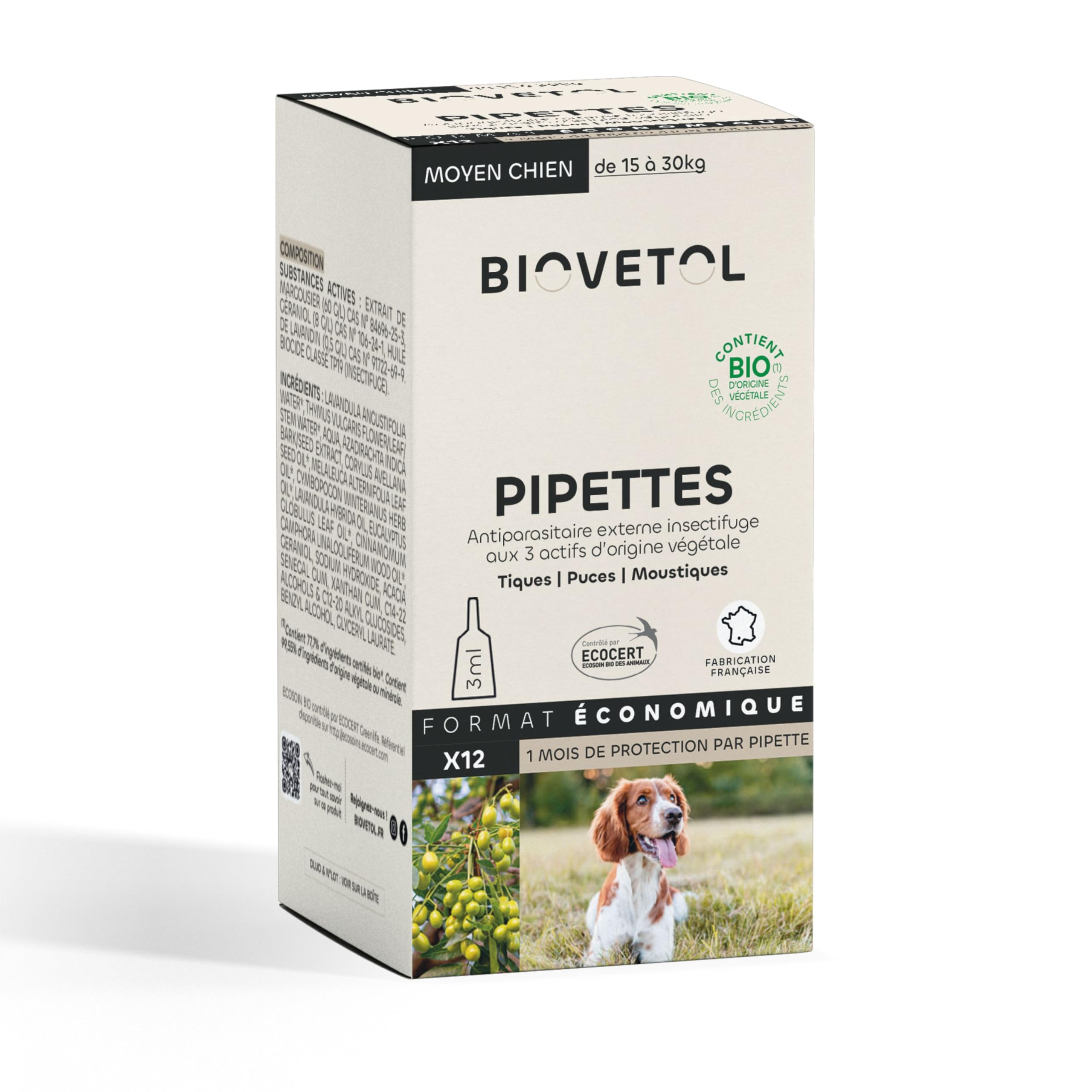 Pipettes anti-tiques BIOVETOL certifiées Ecocert pour grand chien
