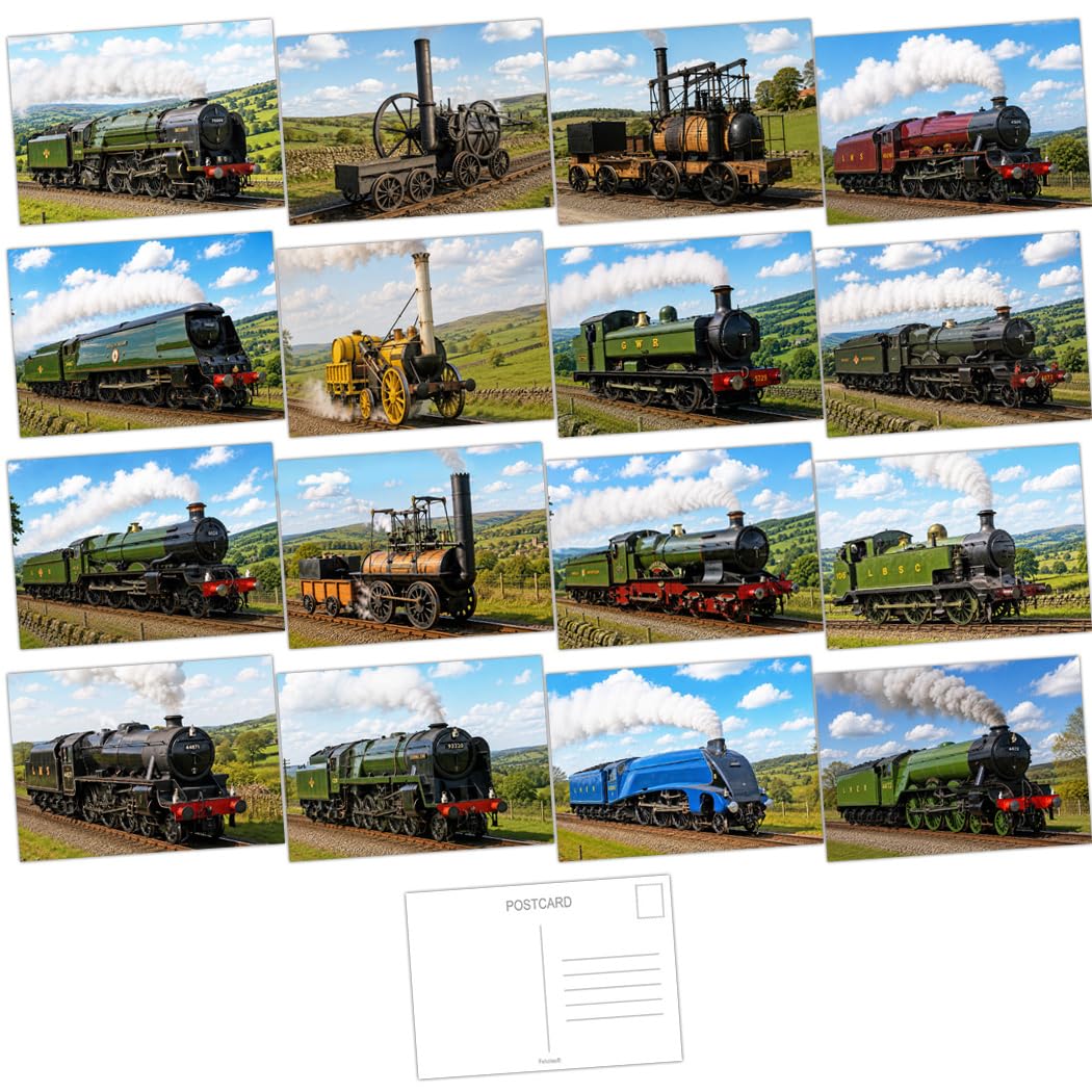 Felicitas British Steam Locomotives Variety Postcard Pack - Set Featuring 16 Iconic Railway Engines - A6 - Beautiful Imagery - Eye Catching Heritage Railway Theme - Eco Friendly - Made in UK