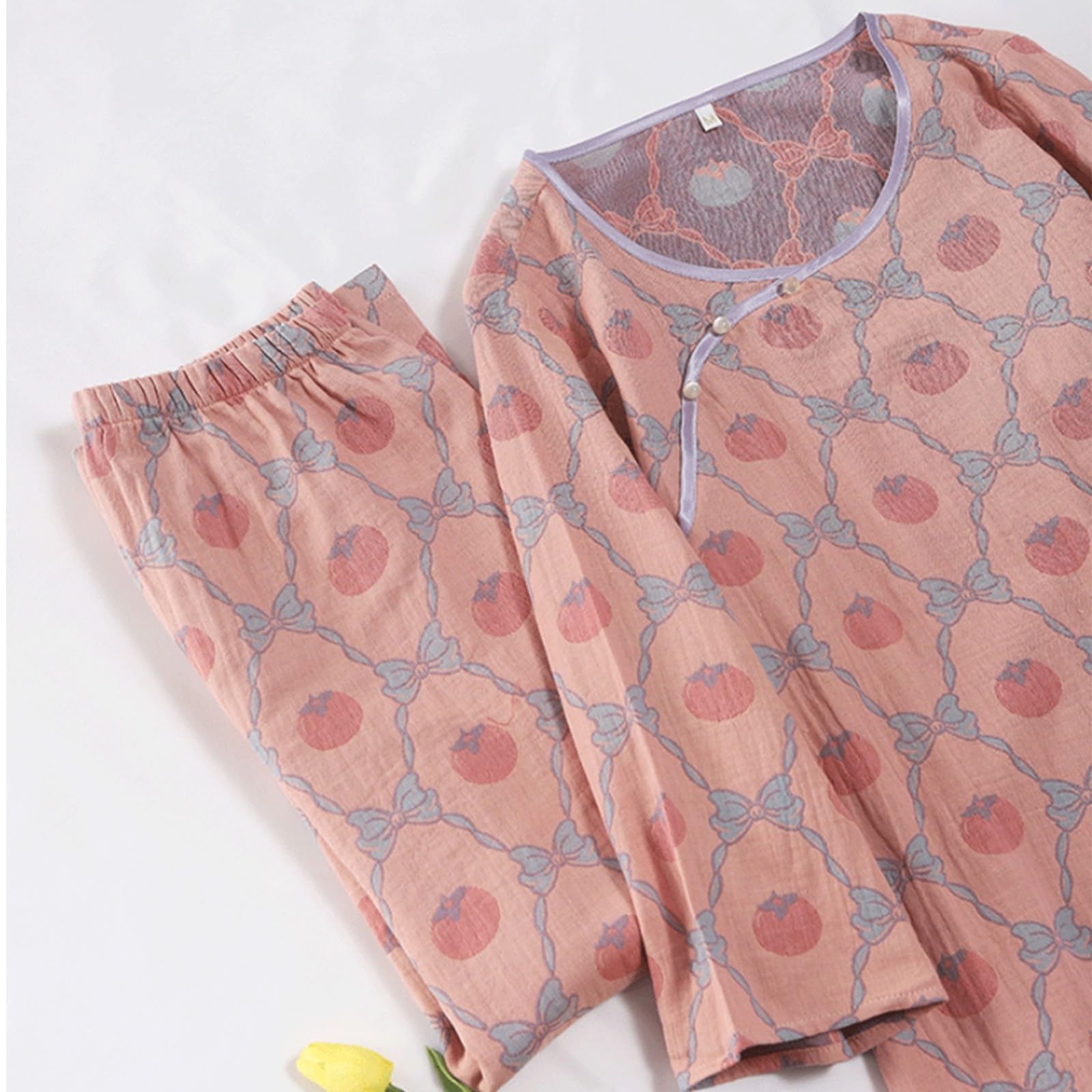 Pigiama da donna in stile cinese pigiama vintage per donna pigiama fantasia in cotone camicia button down con pantaloni Loungewear Due pezzi fibbia a disco indumenti da notte stampati abbigliamento da