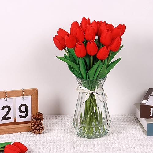 Miniatura 6 de 10 piezas de tulipanes artificiales rojos de poliuretano, tulipanes sintéticos de un solo tallo de flores de tacto real, flores falsas para