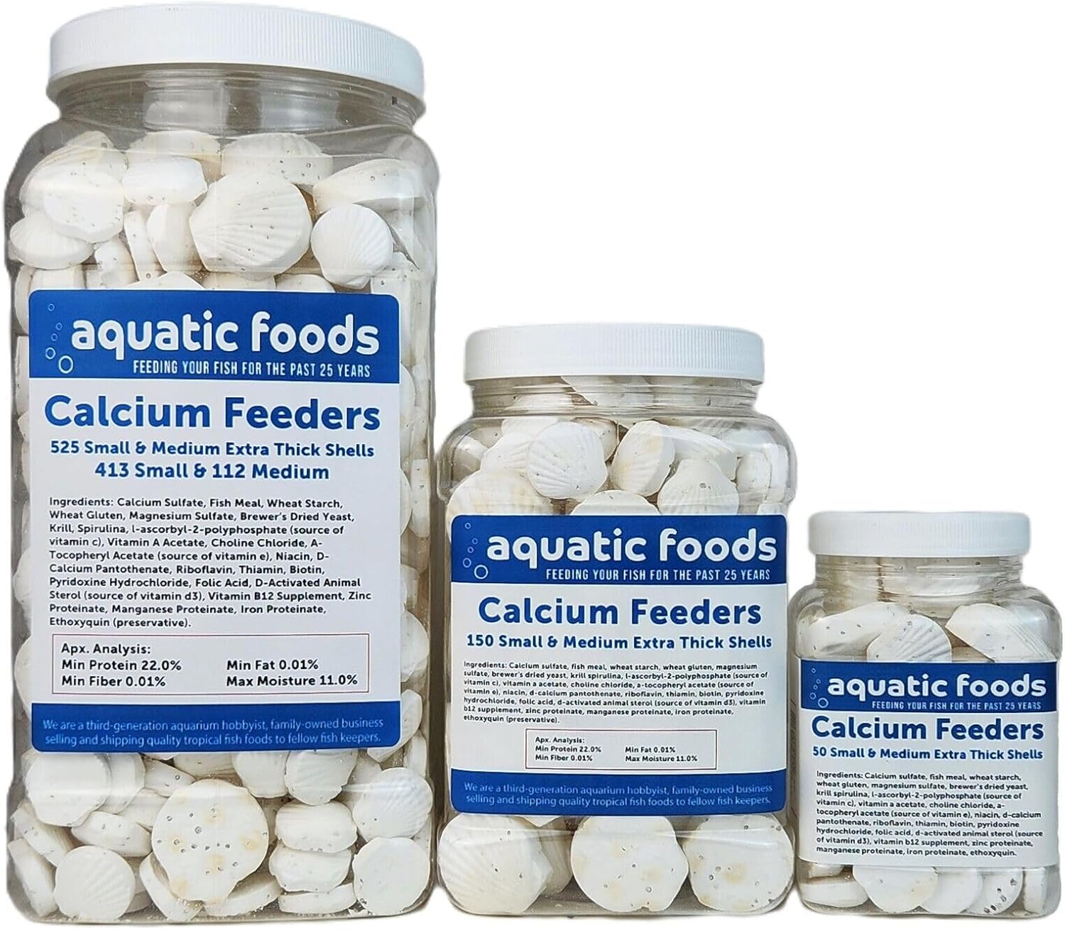 Aquatic Foods Inc. Calcium Feeder Small & Medium Shells. Extra Thick Shells for Shrimp, Snails, Crabs, Crayfish, Hermit Crabs and All Tropical Fish…525 Count Jar
