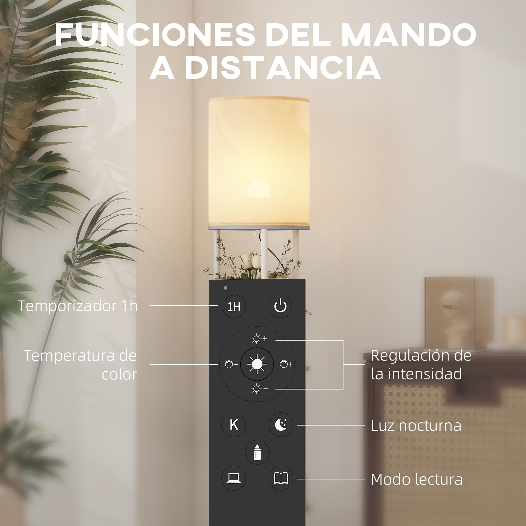 HOMCOM Lámpara de Pie con Estantes, Lámpara con 3 Temperaturas de Color, Control Remoto, para Salón, Dormitorio, Oficina, Gris