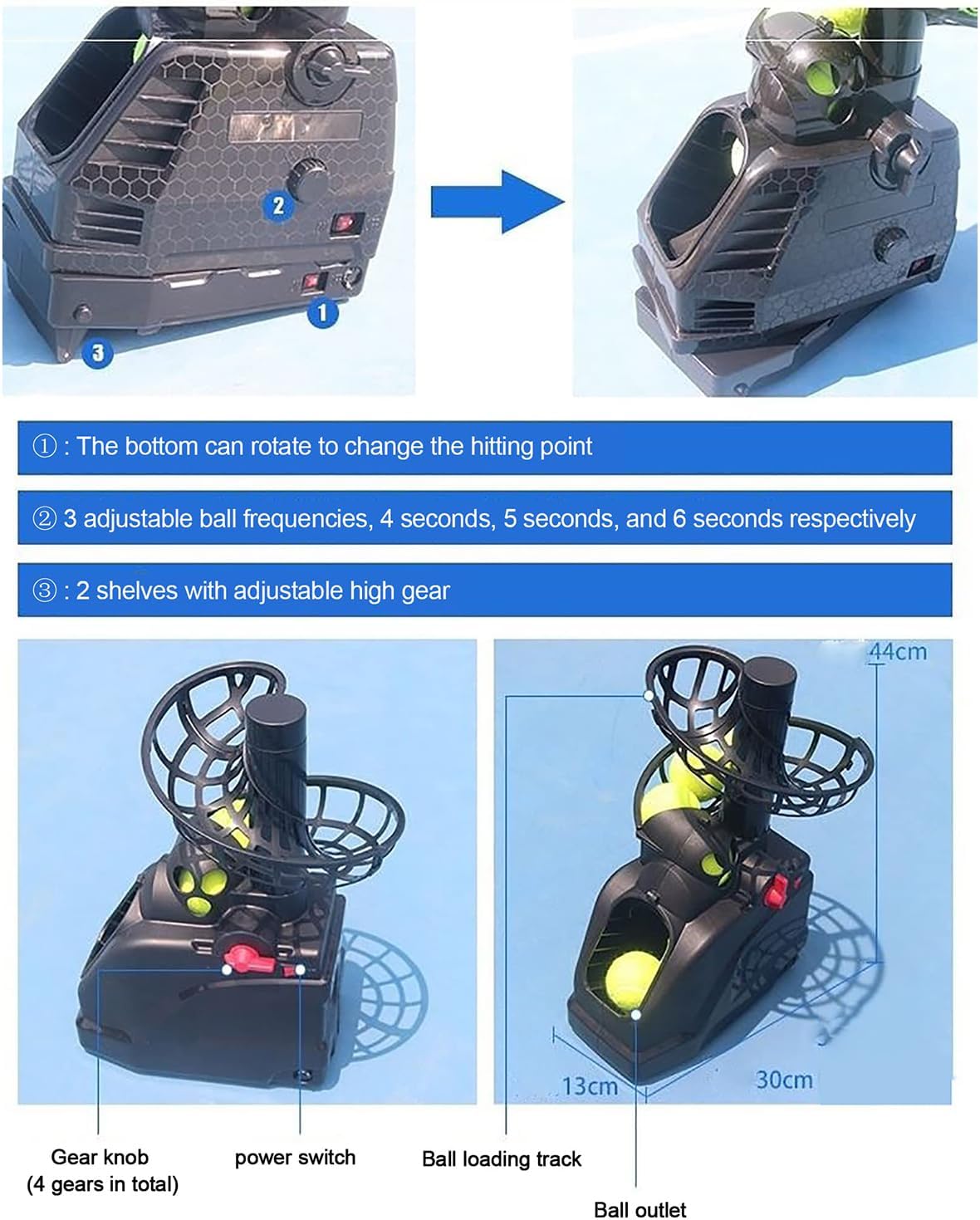 Tennis Ball Tosser, Adjustable Angle Multi-Ball Practice Machine, Battery Powered, Holds 30 Balls, Ideal for Beginners and Coaches