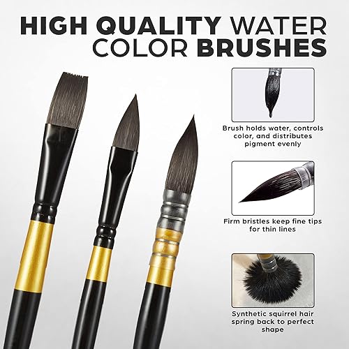 Miniatura 2 de OOKU - Juego de 7 pinceles de pintura, pinceles sintéticos de ardilla para acuarela  Pinceles de acuarela de viaje con forma de pinceles planos,