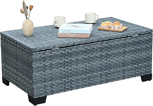 Miniatura 10 de Rattaner Mesa de centro para patio con almacenamiento de mimbre para exteriores y mesa auxiliar de mimbre para todo tipo de clima con cubierta Negro