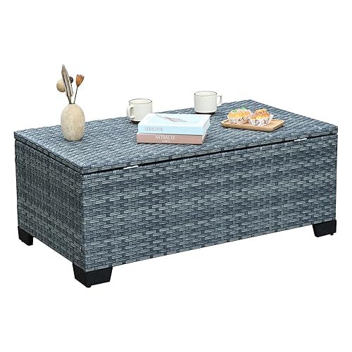 Outdoor Storage Table Wicker Patio Coffee Table All-Weather Rattan Side