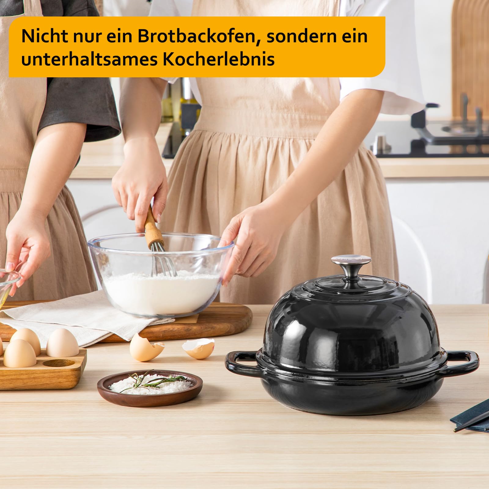 Velaze Gusseisen Topf Brot Backen, 4,8L Emaille Schmortopf mit Deckel und Griffen, 26 cm Brotbacktopf, Bräter Gusseisen, Dutch Oven für Küche Backen Schmoren & Braten (Schwarz)