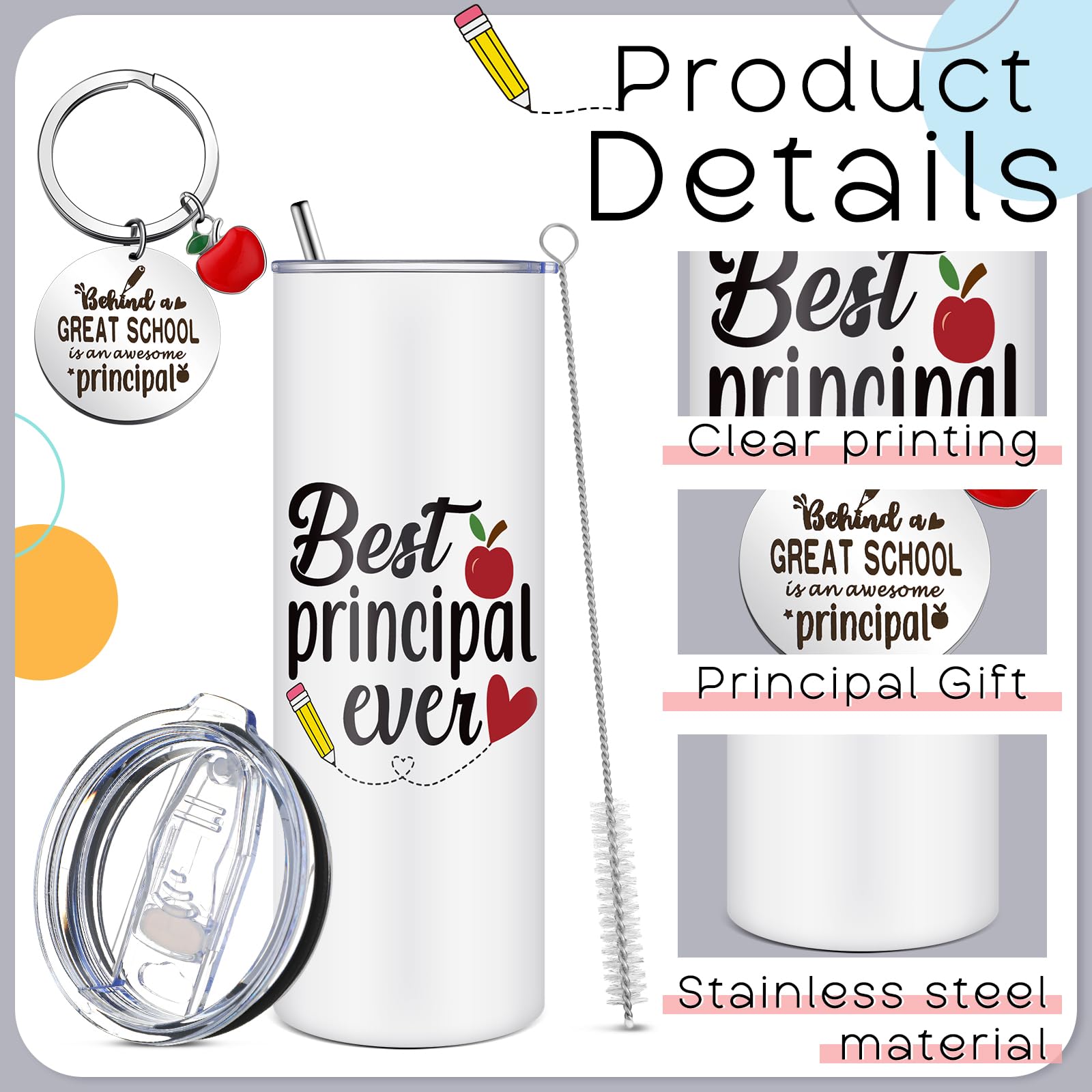 Tioncy Principal Appreciation Gifts for Women Men, 20oz Tumbler with Lid and Straw Stainless Steel Keychain Gifts for Principal Day, Graduations, Birthday, Retirement
