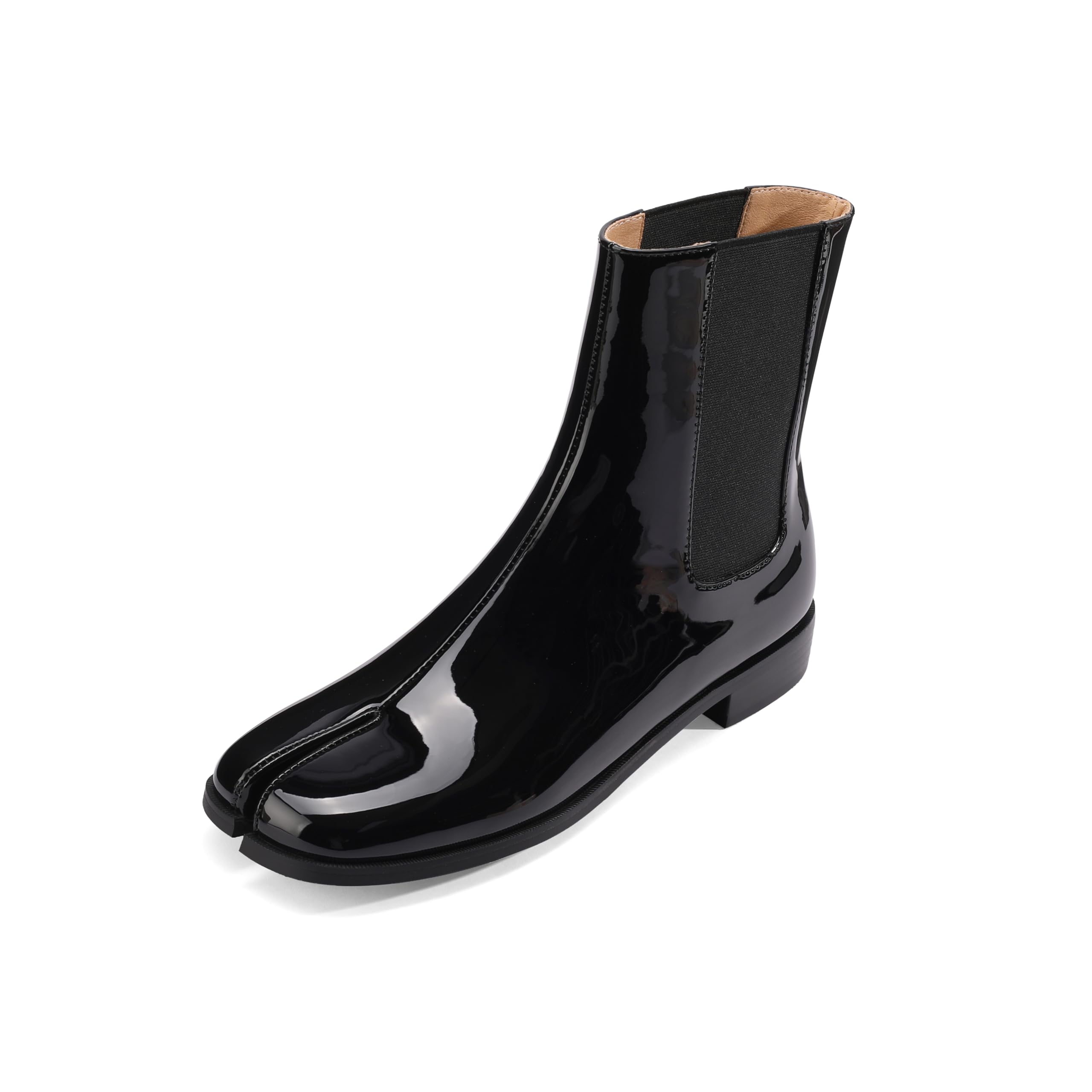 Split Toe Patent Leather Ankle Boots Chelsea Block Low Heels Short Bootie Slip-on Classic Elastic Neutral Booties