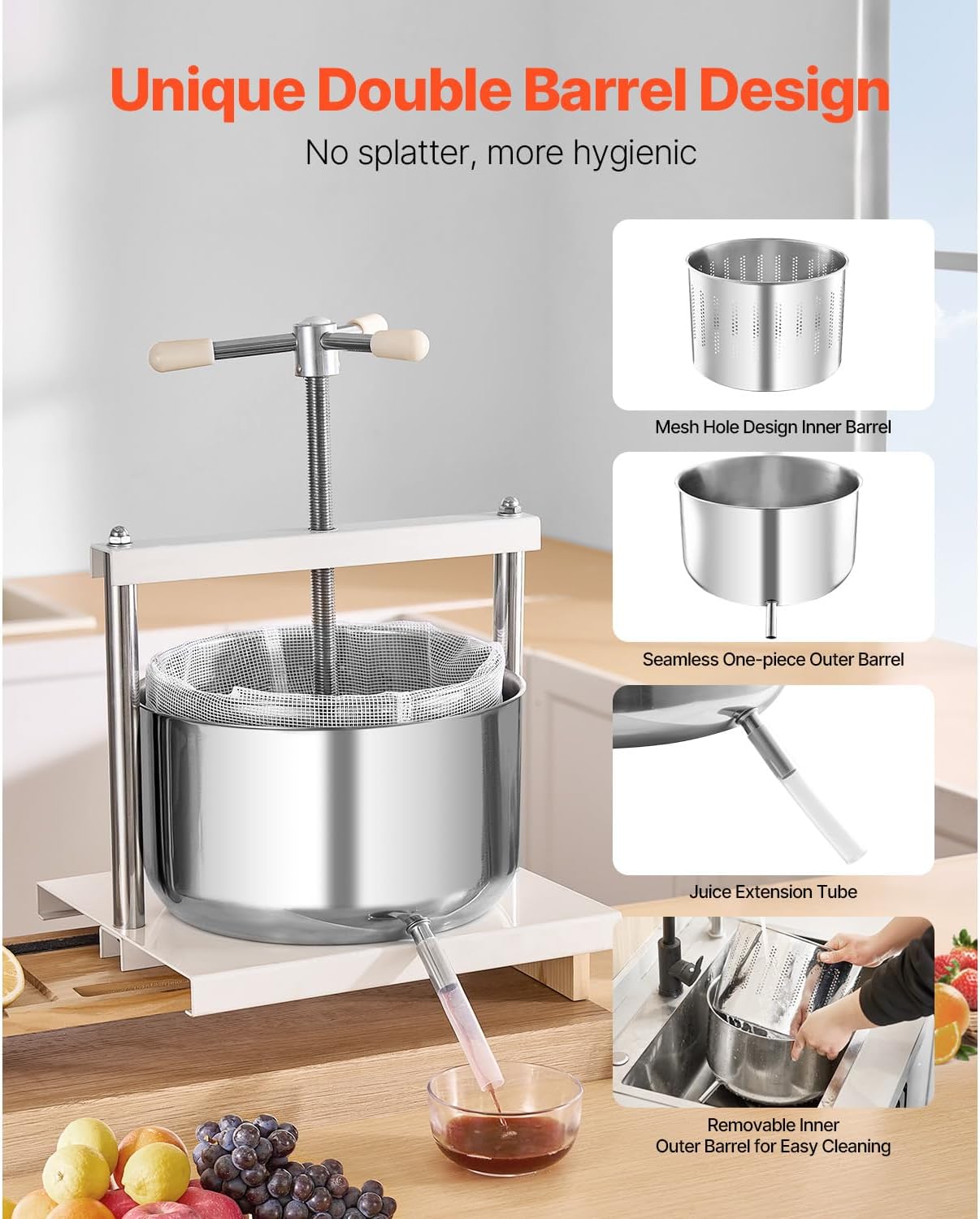 Happybuy 3.17 Gal/12L Fruit Wine Press, 2 Stainless Steel Barrels, Manual Juice Maker, Cider Apple Grape Tincture Honey Olive Oil Press with Triangular Handle for Outdoor Kitchen and Home Use