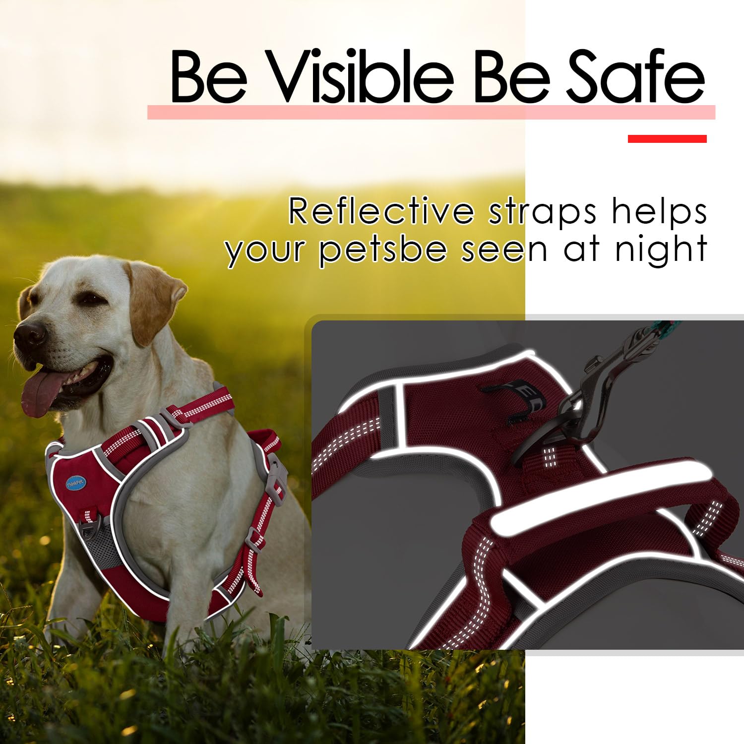 ThinkPet Imbracatura sportiva traspirante senza tirare, con manico, gilet di sicurezza imbottito riflettente per cani con guinzaglio neon riflettente XL, colore: rosso