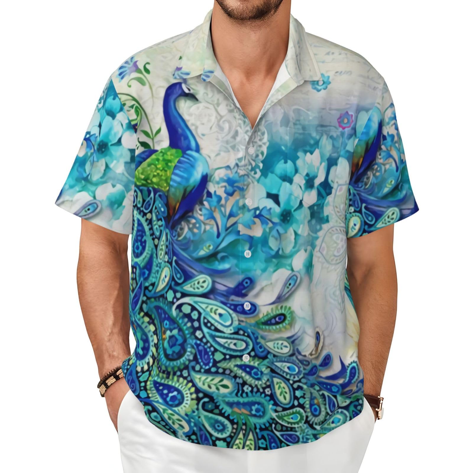 XIAKU Ohio State Gray Men's Shirts Short Sleeve Casual Fashion Polo Button Down Shirt for Men Beach Summer Wedding Pocket, Peacocks and Flowers, Large