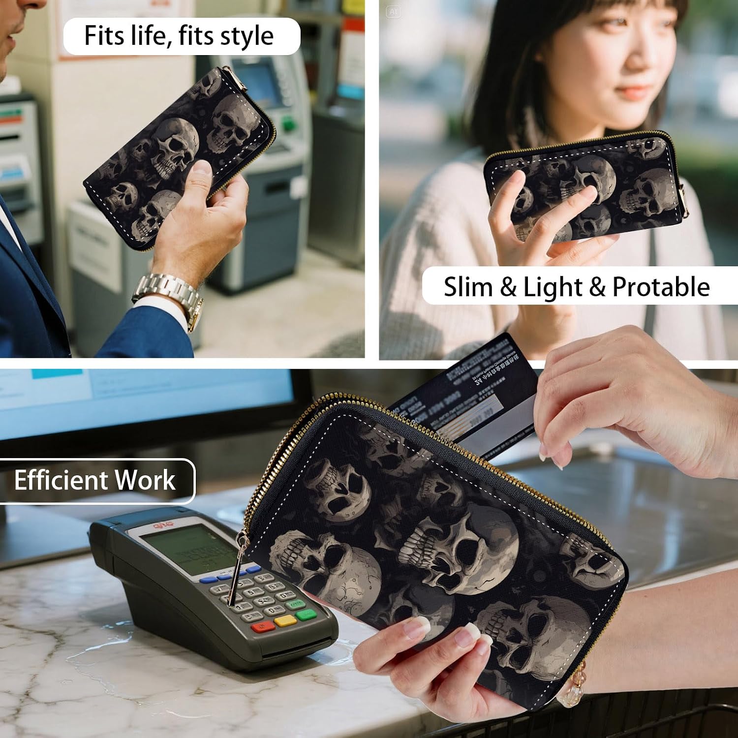Womens Wallet, RFID Wristlet Wallet for Women, Cute Ladies Purse, Large Credit Card Clutch Purse, Leather Card Holder Wallets with Zipper & Phone Holder,Cool Skull Skeleton image 4