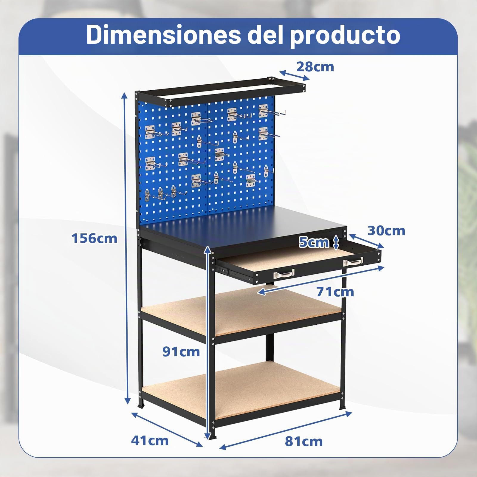 GYMAX Banco de Trabajo con Panel Perforado, Banco de Trabajo Metálico con 2 Cajones, 3 Estantes, 20 Ganchos, Capacidad de Carga de 225 KG, Mesa de Trabajo con Organizador de Herramientas (Azul)
