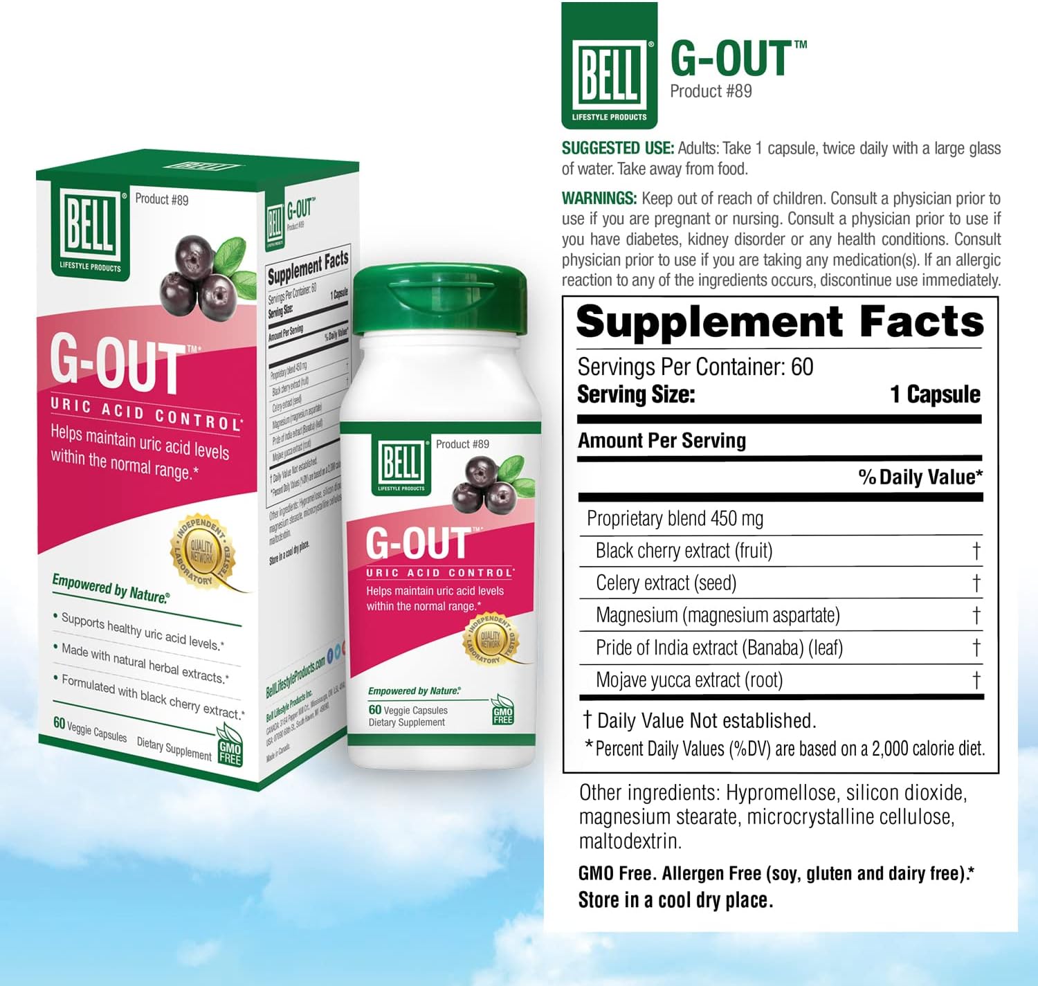 Bell G-Out Uric Acid Cleanse -2 Pack Combo | A Unique Blend of Herbal Extracts That Supports Uric Acid Levels Within Normal Range | 120 Capsules