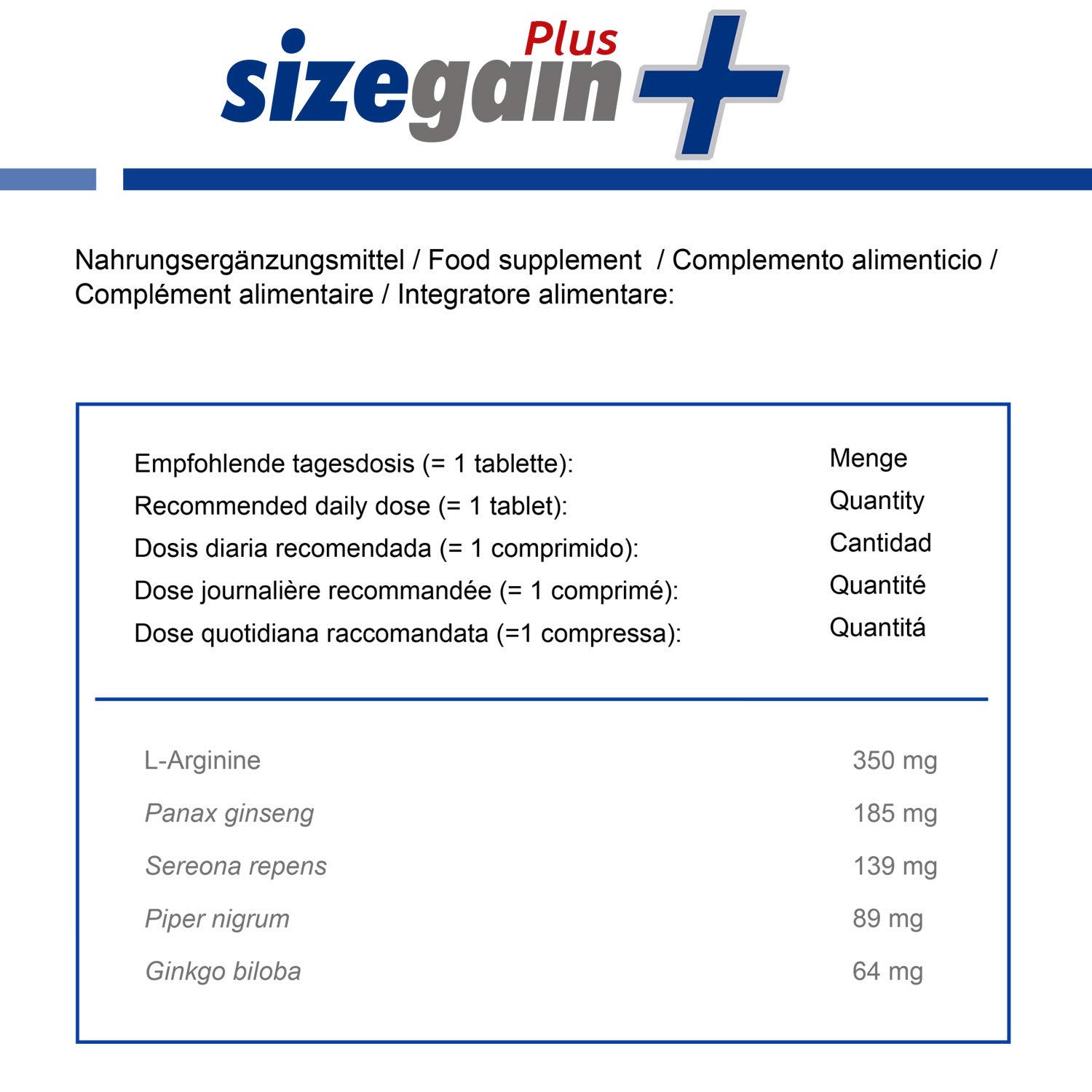 Amélioration de la virilité - 5 SizeGain Plus : Capsules pour augmenter le désir sexuel. 5 x 30 capsules.