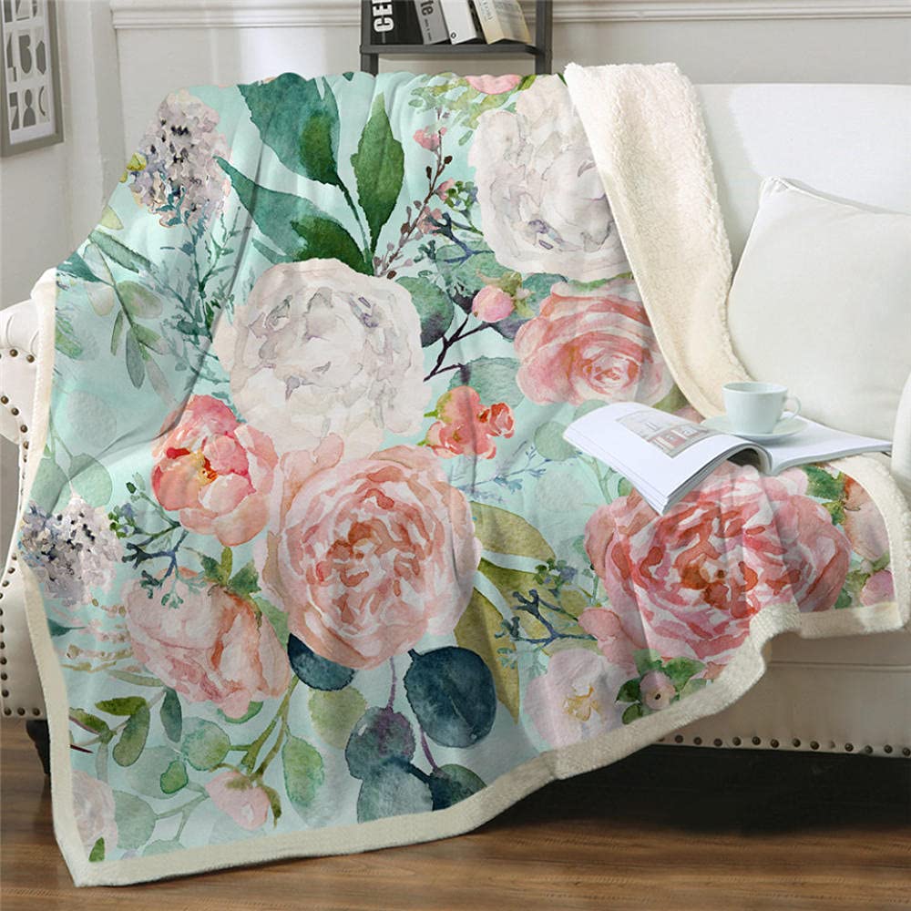 BCJMKDX Blanket, Sherpa Throw Blanket Blue Fleece Throws Blankets for Sofas Super Warm(Peony,130x150cm)